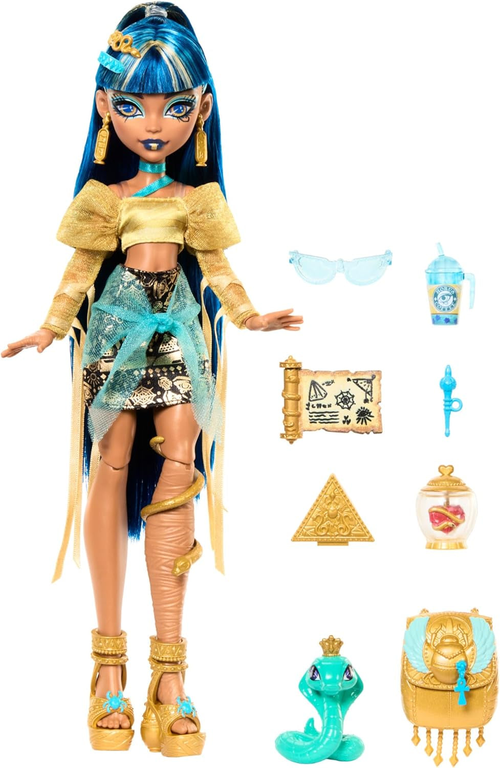 Bambola Monster High Cleo De Nile con camicetta dorata e gonna a strati, include il cobra Hissette e accessori come uno zaino, uno snack e un rotolo di carta igienica, HXH74