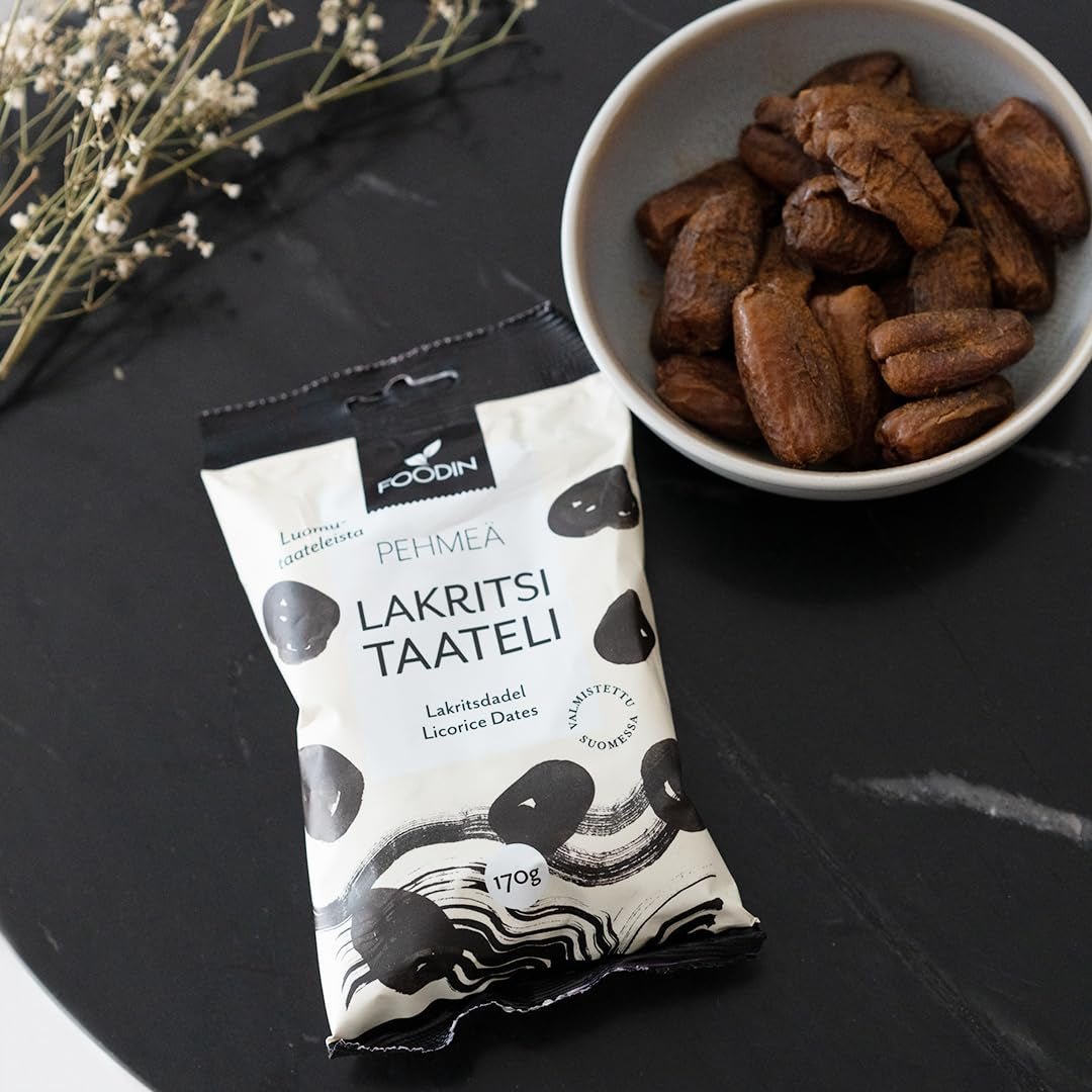 Foodin data Vegani, senza glutine, dolcetti morbidi, dolci e salutari Frutta secca con polvere di liquirizia per snack, dolci e altro ancora - Made in Vaajakoski (3x170g) Prodotti disidratati Naty Shop