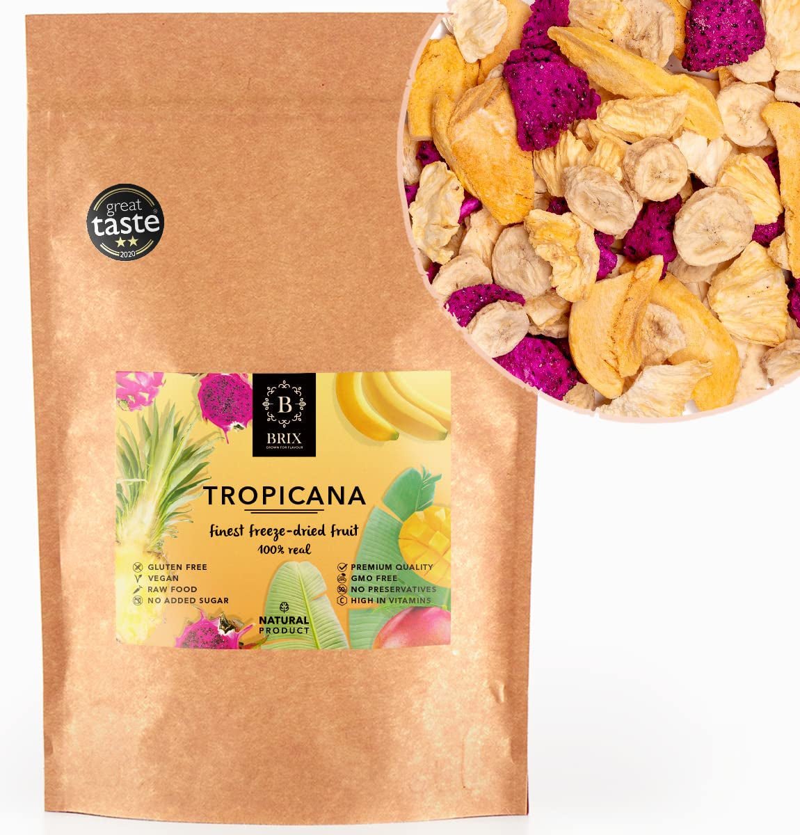 Frutta liofilizzata BRIX | Miscela secca naturale di frutti tropicali 80 g | Premio Gran Gusto per la Frutta Secca | Non OGM, Senza Glutine, Vegano, Vitamine Conservate Naty Shop Prodotti Disidratati Titolo predefinito