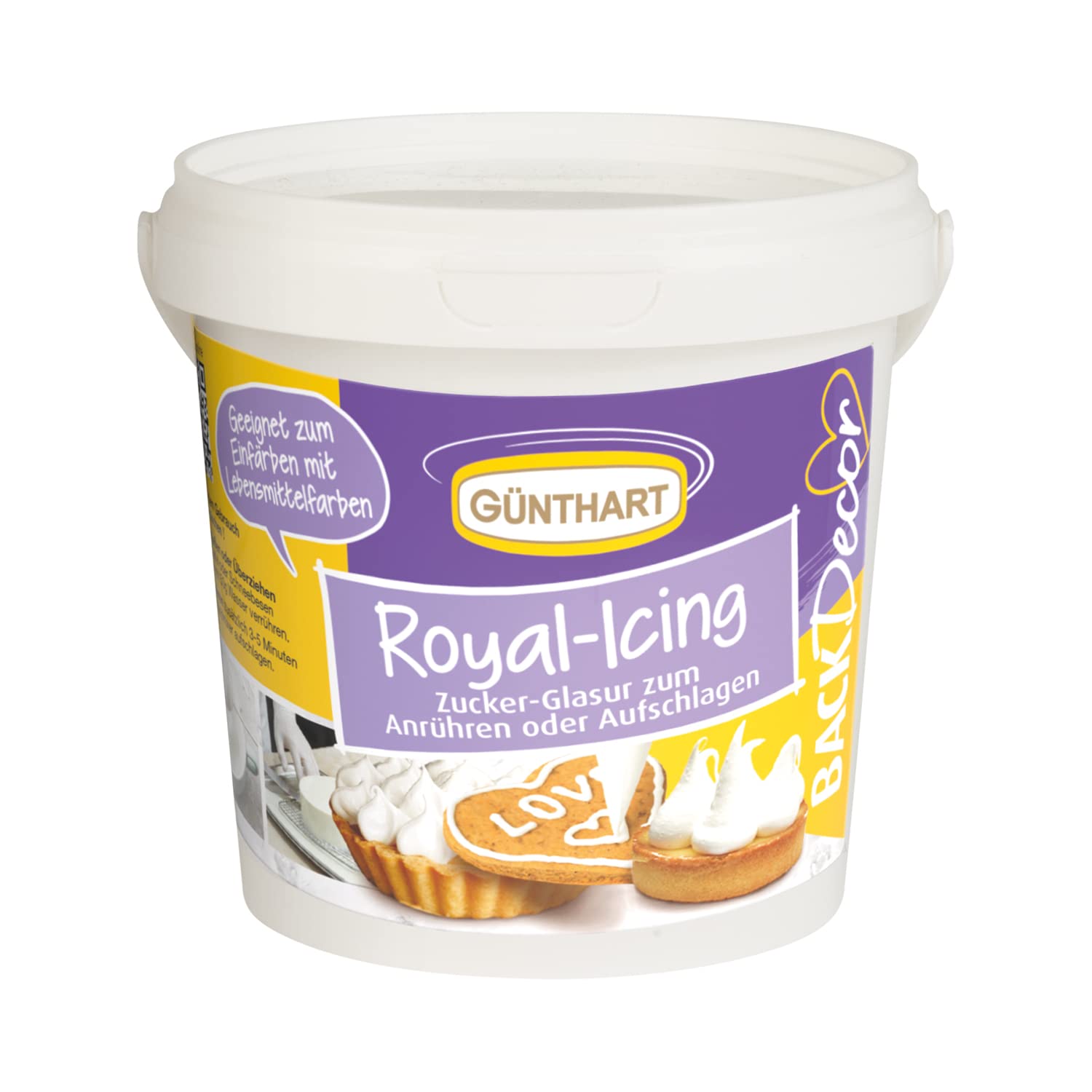 Secchiello per glassa reale Günthart BackDecor con polvere da 300 g per decorare dolci o come rivestimento, 1 confezione (300 g) di pasta di zucchero Naty Shop