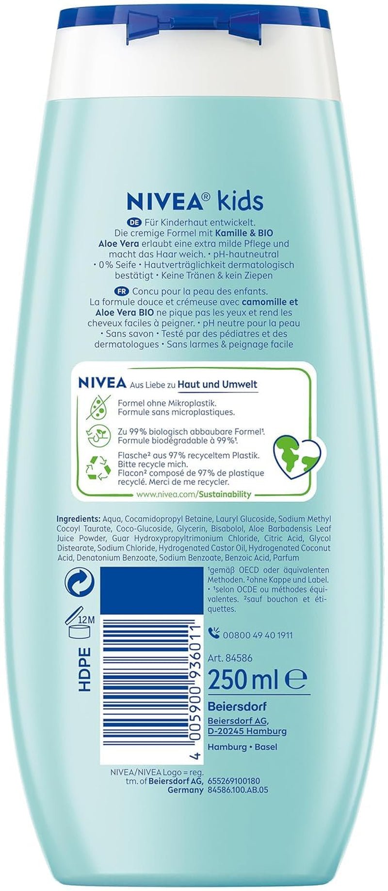 Gel doccia, shampoo e balsamo NIVEA KIDS 3in1, cura e pulizia per bambini al magico profumo di mela, cura extra delicata e senza sapone per i capelli e la pelle dei bambini (250 ml) Bambini - Bagno e cura della pelle Naty Shop