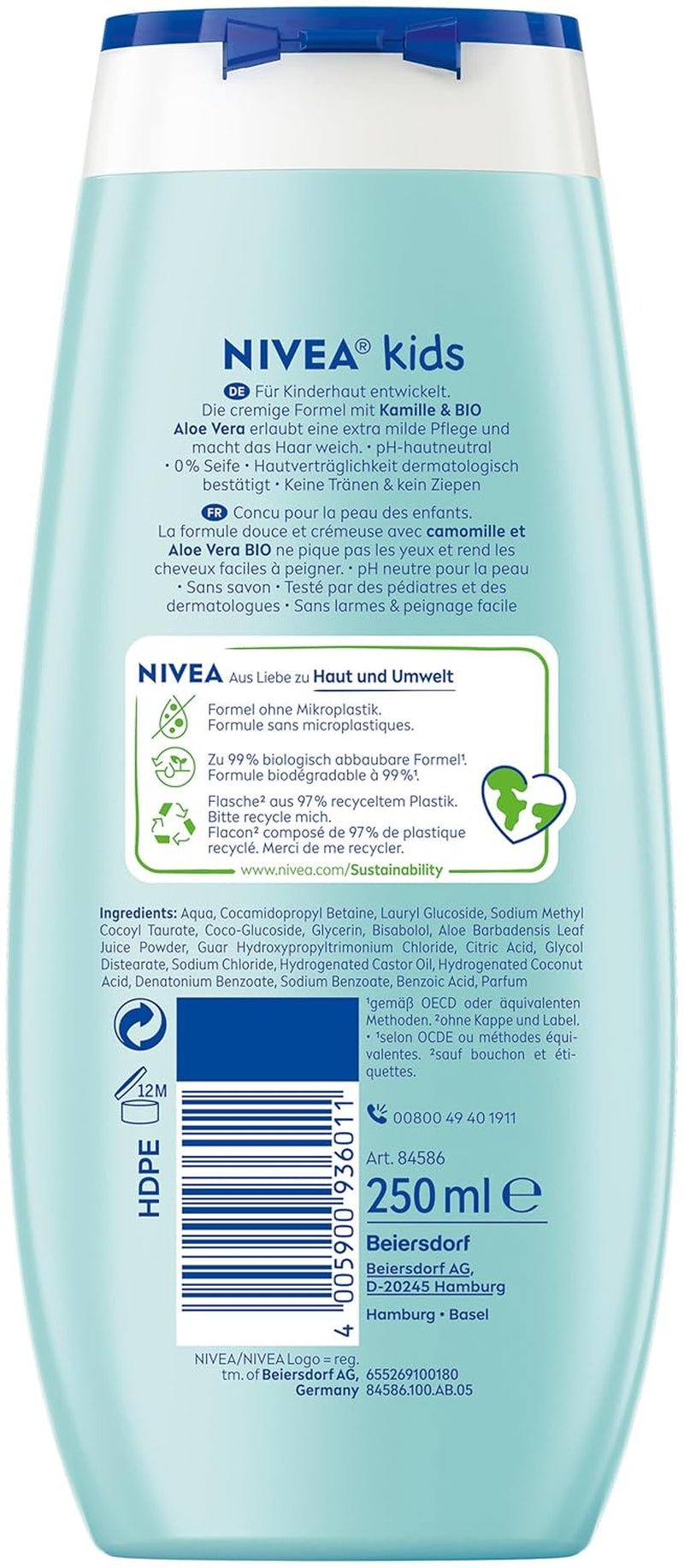 Gel doccia, shampoo e balsamo NIVEA KIDS 3in1, cura e pulizia per bambini al magico profumo di mela, cura extra delicata e senza sapone per i capelli e la pelle dei bambini (250 ml) Bambini - Bagno e cura della pelle Naty Shop