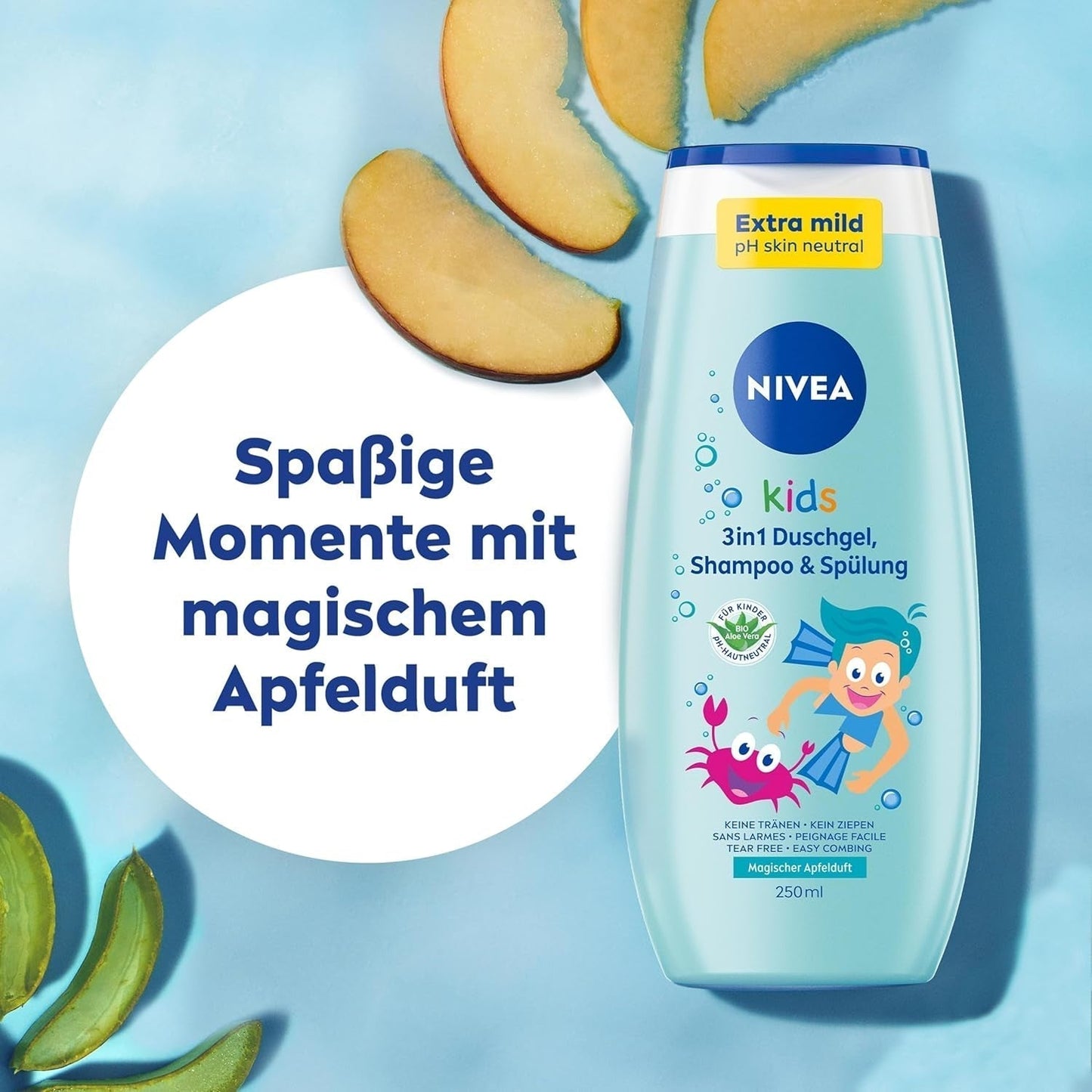 Gel doccia, shampoo e balsamo NIVEA KIDS 3in1, cura e pulizia per bambini al magico profumo di mela, cura extra delicata e senza sapone per i capelli e la pelle dei bambini (250 ml) Bambini - Bagno e cura della pelle Naty Shop