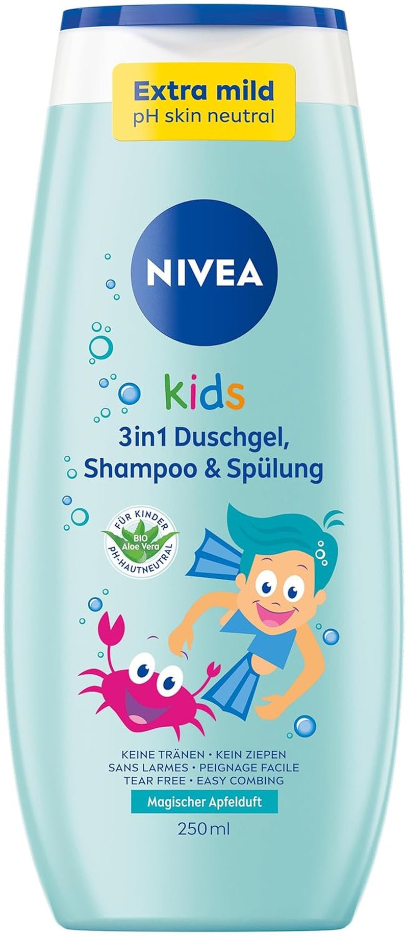 Gel doccia, shampoo e balsamo NIVEA KIDS 3in1, cura e pulizia per bambini al magico profumo di mela, cura extra delicata e senza sapone per i capelli e la pelle dei bambini (250 ml) Bambini - Bagno e cura della pelle Naty Shop Profumo di mela - 0 microplastiche