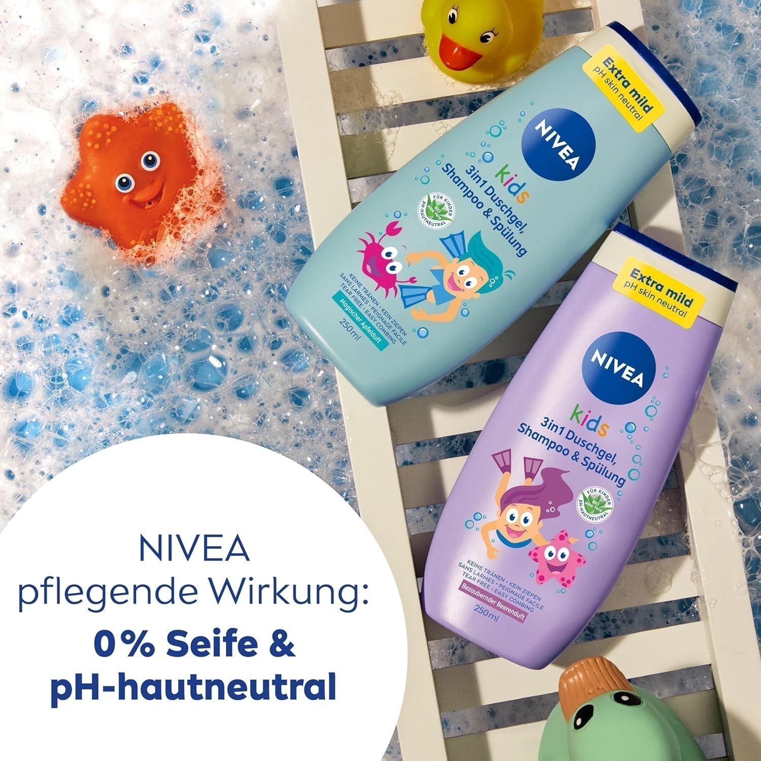 Gel doccia, shampoo e balsamo NIVEA KIDS 3in1, cura e pulizia per bambini al magico profumo di mela, cura extra delicata e senza sapone per i capelli e la pelle dei bambini (250 ml) Bambini - Bagno e cura della pelle Naty Shop