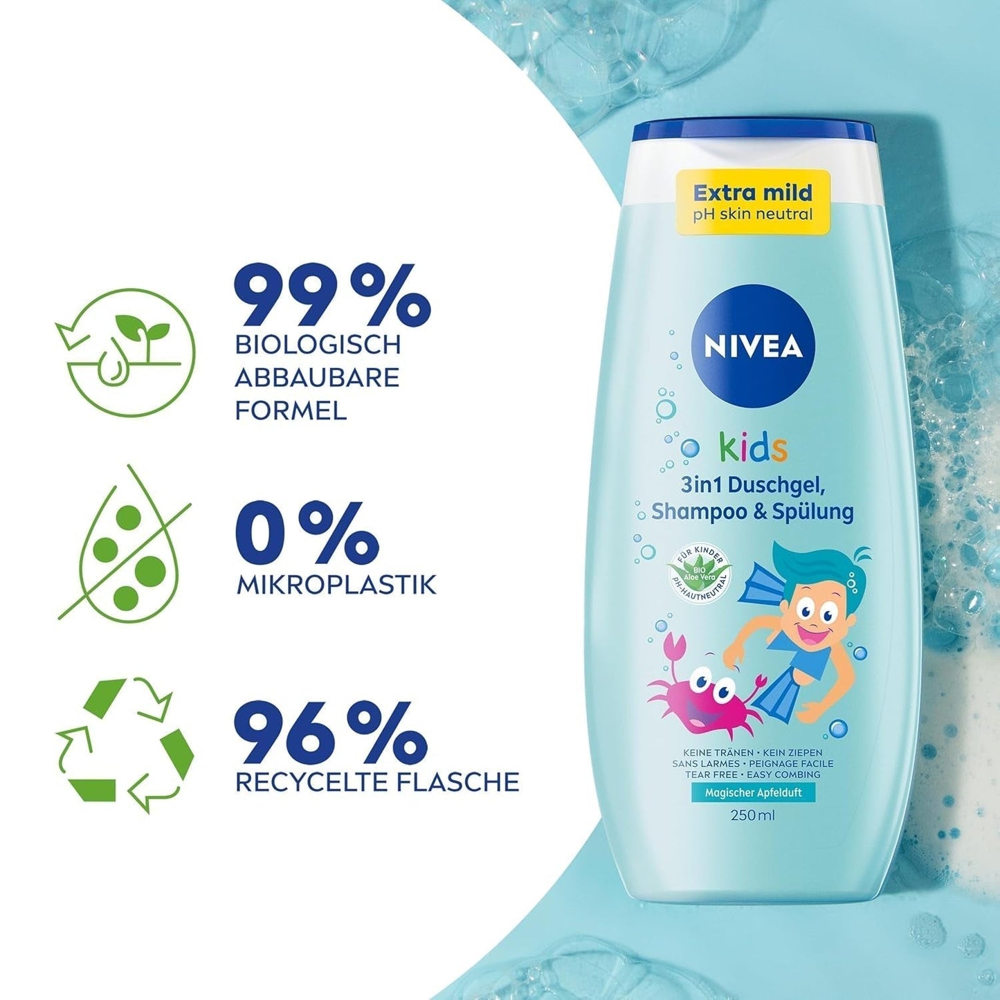Gel doccia, shampoo e balsamo NIVEA KIDS 3in1, cura e pulizia per bambini al magico profumo di mela, cura extra delicata e senza sapone per i capelli e la pelle dei bambini (250 ml) Bambini - Bagno e cura della pelle Naty Shop