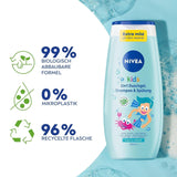 Gel doccia, shampoo e balsamo NIVEA KIDS 3in1, cura e pulizia per bambini al magico profumo di mela, cura extra delicata e senza sapone per i capelli e la pelle dei bambini (250 ml) Bambini - Bagno e cura della pelle Naty Shop