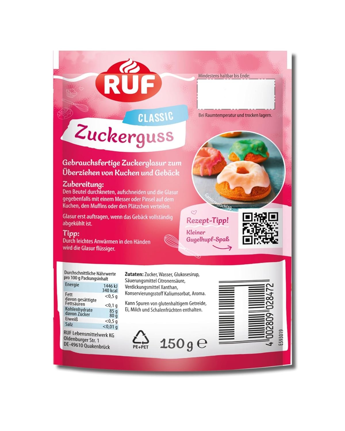 Glassa RUF pronta all'uso, utilizzabile subito senza mescolare, glassa per biscotti e torte, come base glassa di zucchero o per colorare e aromatizzare, 1 x 150g (confezione da 4) Naty Shop Pasta di zucchero