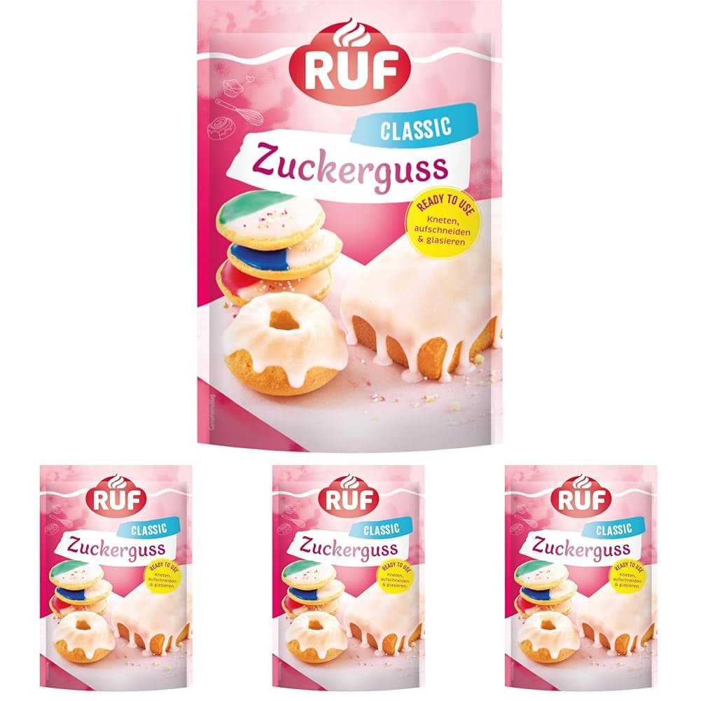 Glassa RUF pronta all'uso, utilizzabile subito senza mescolare, glassa per biscotti e torte, come base glassa di zucchero o per colorare e aromatizzare, 1 x 150 g (confezione da 4) Naty Shop Pasta di Zucchero 150 G (confezione da 4) Bianca