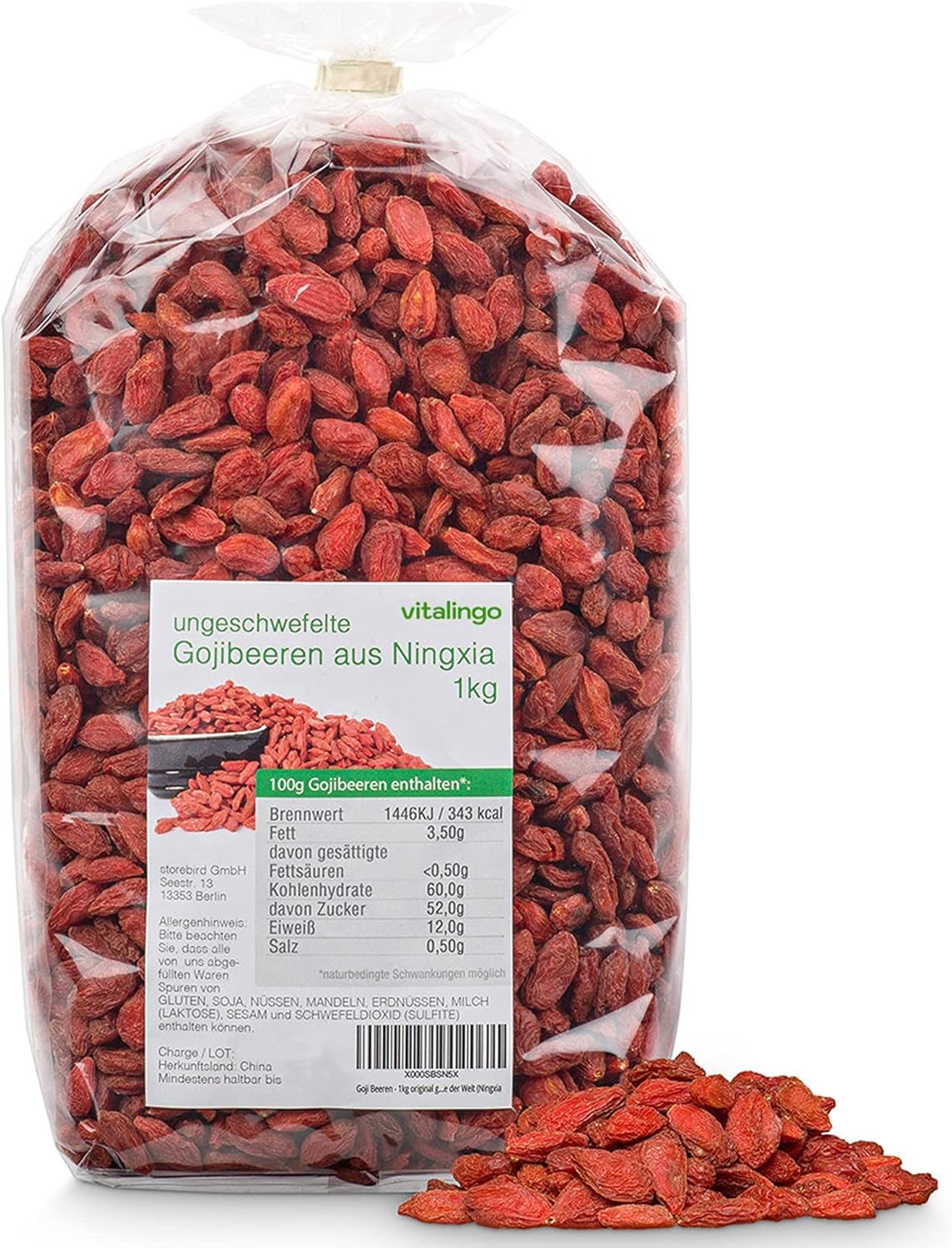 Bacche di Goji - 1 kg di bacche di goji essiccate e non solforate provenienti da una delle migliori regioni di coltivazione al mondo, Ningxia Cina Prodotti essiccati Naty Shop Default title