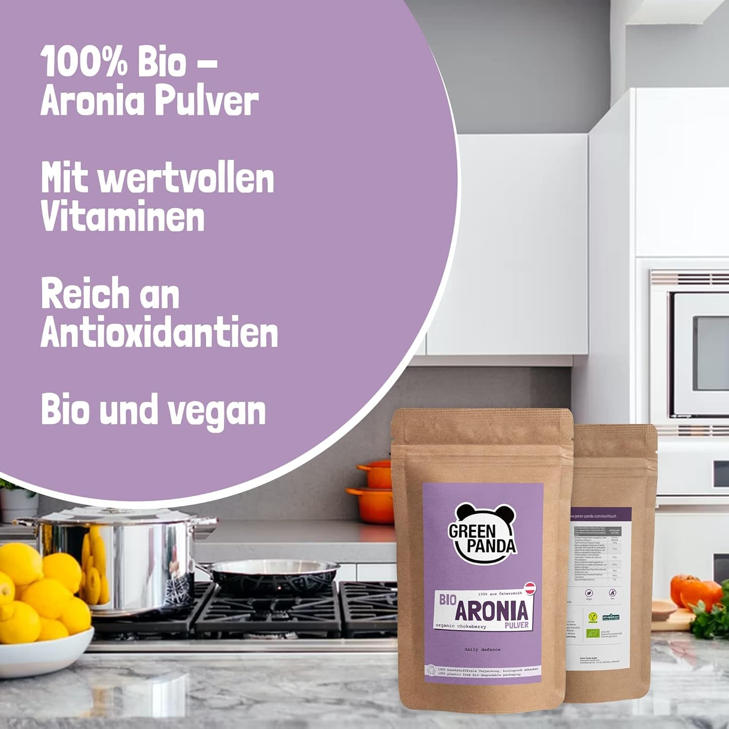 GREEN PANDA® polvere di aronia biologica dall'Austria | Aronia essiccata finemente macinata | Aronia biologica senza additivi | alternativa regionale alla polvere di acai e alle bacche di goji | 500g di prodotti disidratati Naty Shop