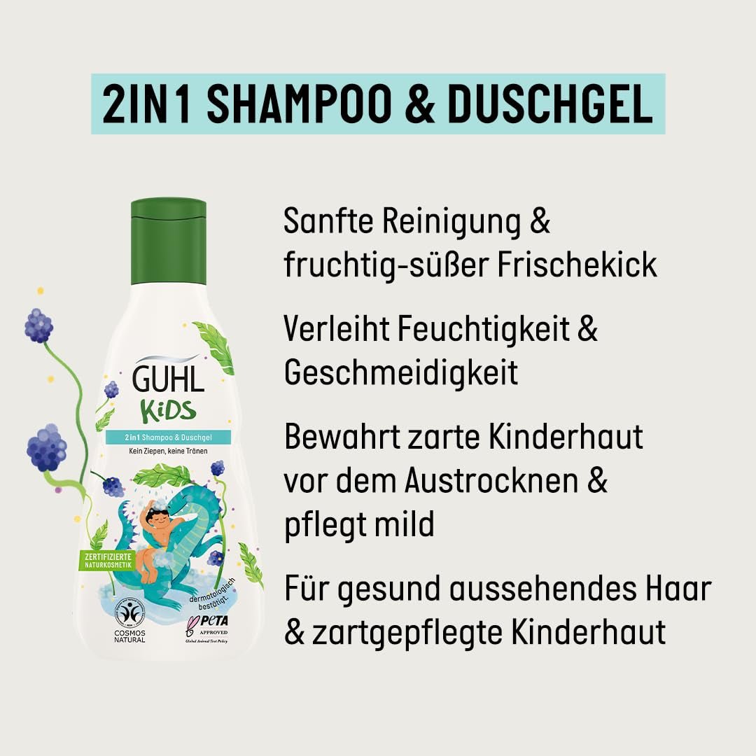 Set vantaggi Guhl Kids Dino - 2x Shampoo e Gel Doccia Guhl Kids 2 in 1, 250 ml + 1x Libro Pixi - Sviluppato appositamente per i bambini - Non si tira - Certificato Cosmos Natural Bambini - Cura del bagno e della pelle Naty Shop