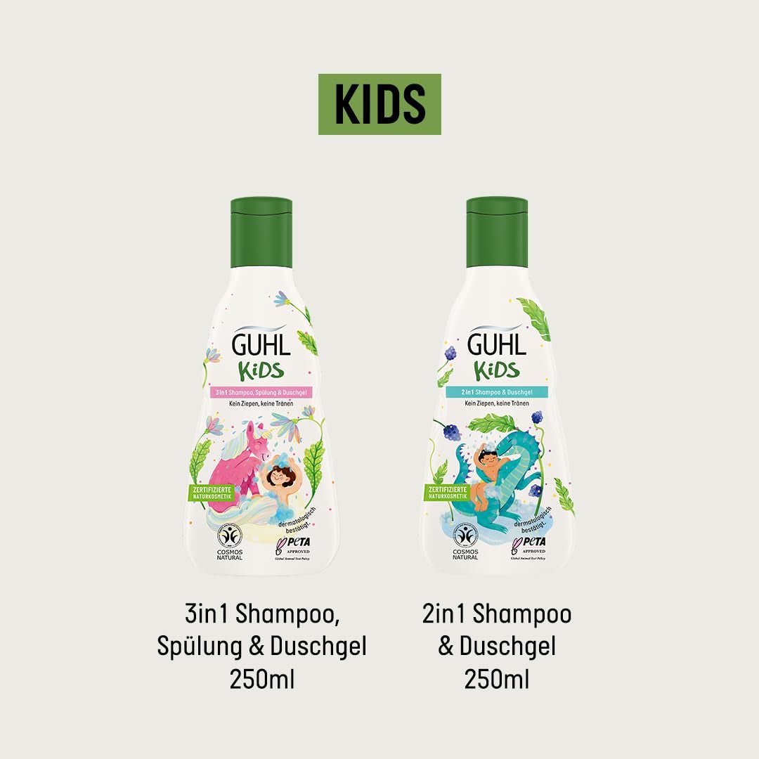 Set vantaggi Guhl Kids Dino - 2x Shampoo e Gel Doccia Guhl Kids 2 in 1, 250 ml + 1x Libro Pixi - Sviluppato appositamente per i bambini - Non si tira - Certificato Cosmos Natural Bambini - Cura del bagno e della pelle Naty Shop