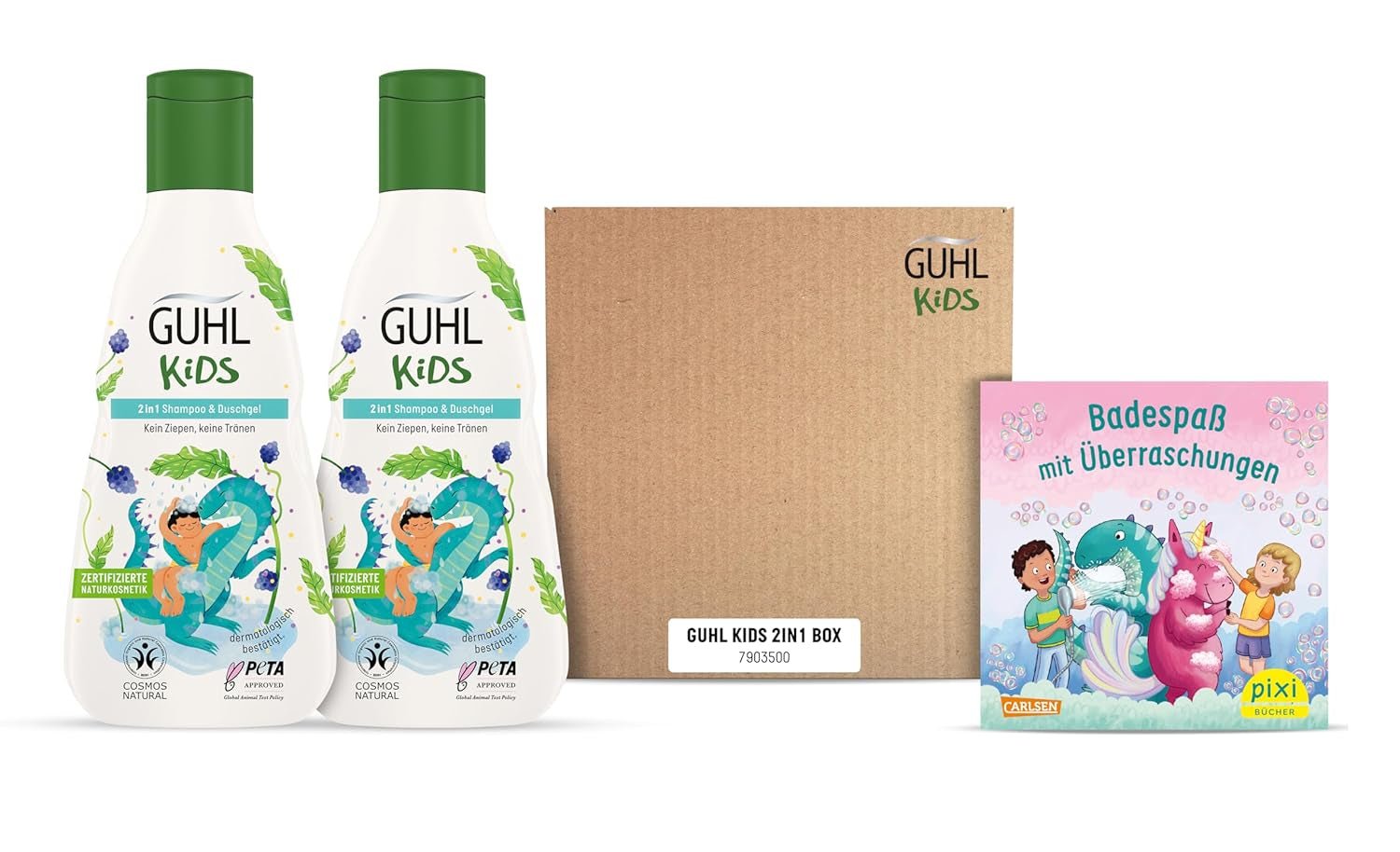 Set vantaggi Guhl Kids Dino - 2x Shampoo e Gel Doccia Guhl Kids 2 in 1, 250 ml + 1x Libro Pixi - Sviluppato appositamente per i bambini - Non si tira - Certificato Cosmos Natural Bambini - Cura del bagno e della pelle Naty Shop