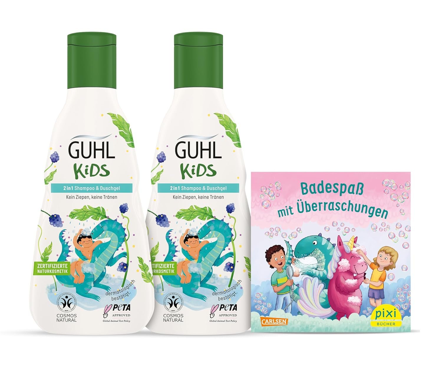 Guhl Kids Dino Advantage Set - 2x Guhl Kids 2 in 1 Shampoo e Gel Doccia, 250 ml + 1x Libro Pixi - Sviluppato appositamente per i bambini - Non si tira - Certificato Cosmos Natural Bambini - Bagno e cura della pelle Naty Shop Titolo predefinito
