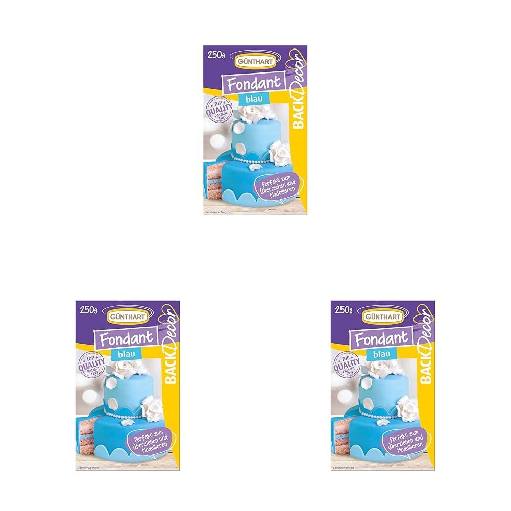 Günthart BackDecor Fondant Blu 250g 100% Vegano Senza Olio di Palma Resistente agli Strappi per Ricoprire Torte e Pasticceria Adatto alla Modellazione Confezione da 3 (1 x 250g) Naty Shop Pasta di Zucchero Blu 250G (Confezione da 3)