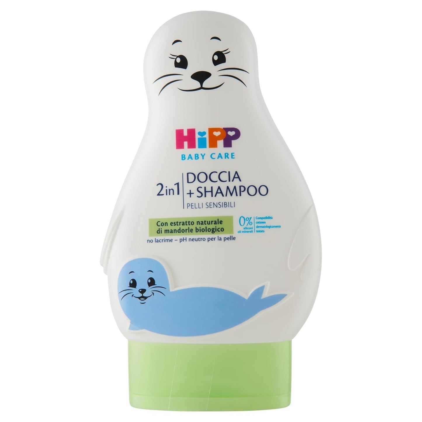HiPP - Baby Care Shampoo doccia per bambini a forma di simpatica foca, deterge delicatamente corpo e capelli, pH neutro, con estratto di mandorla biologica, 1 flacone da 200 ml Bambini - Bagno e Cura della Pelle Naty Shop 200 Ml (1 confezione)
