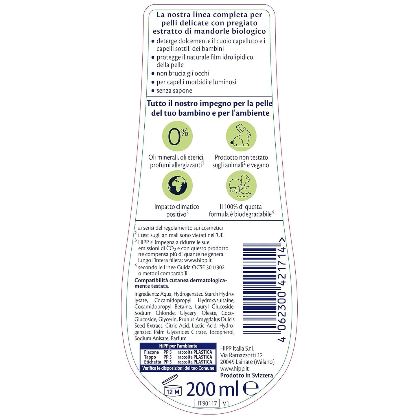 HiPP - Baby Care Shampoo delicato per bambini, deterge delicatamente e irrita gli occhi, per pelli sensibili, con estratto naturale di mandorla biologica, 1 flacone da 200 ml Bambini - Bagno e Cura della Pelle Naty Shop