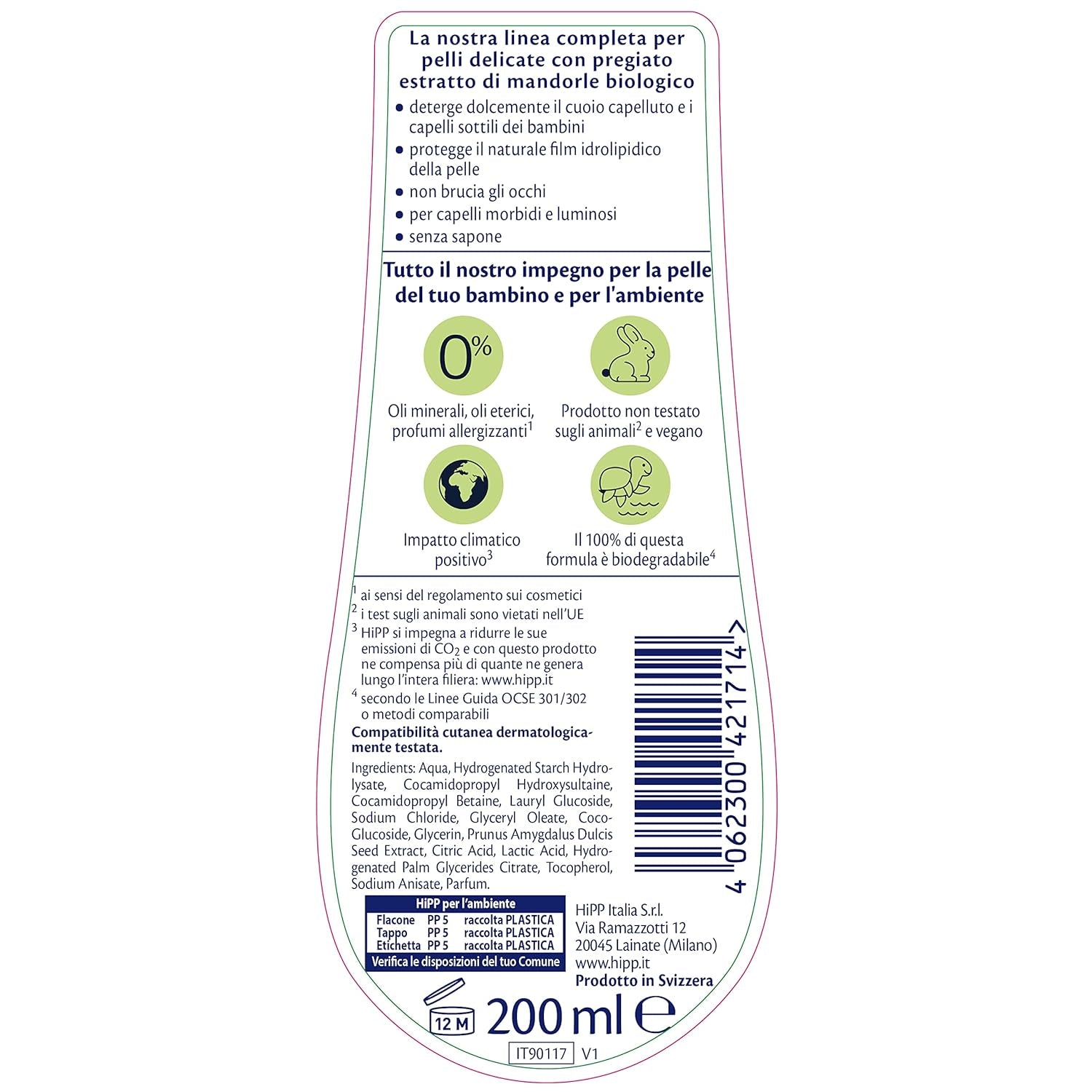 HiPP - Baby Care Shampoo delicato per bambini, deterge delicatamente e irrita gli occhi, per pelli sensibili, con estratto naturale di mandorla biologica, 1 flacone da 200 ml Bambini - Bagno e Cura della Pelle Naty Shop