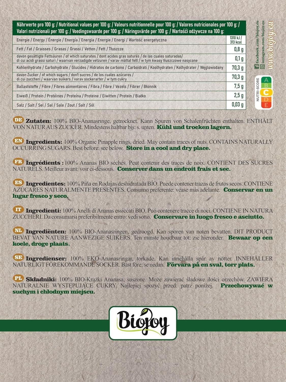 Biojoy Anelli di ananas BIO, essiccati (1 kg), prodotti disidratati Naty Shop non solforati