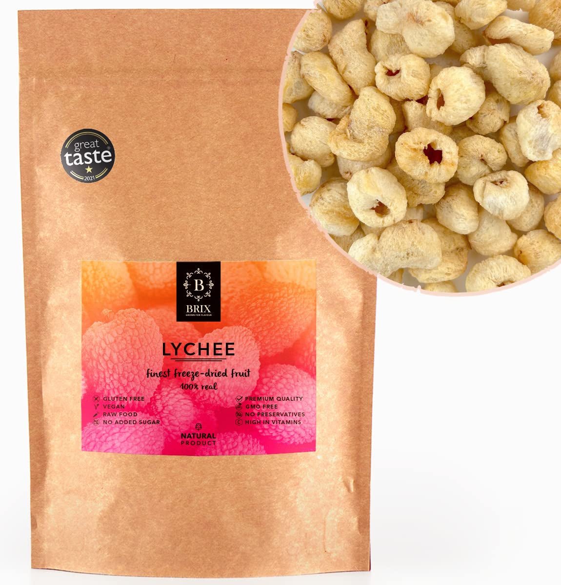 Litchi essiccati BRIX | Litchi naturali essiccati 95 g | Premio Gran Gusto per la Frutta Secca | Non OGM, Senza Glutine, Vegano, Vitamine Conservate Naty Shop Prodotti disidratati Titolo predefinito