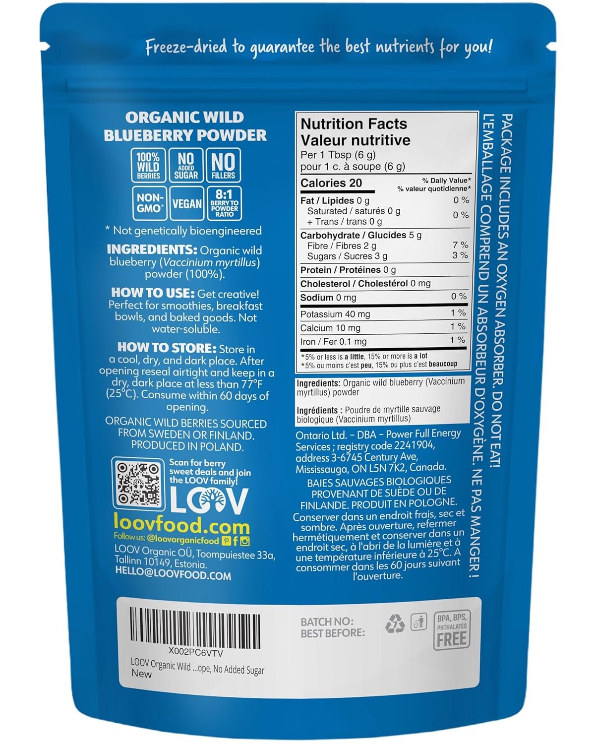 Polvere di mirtilli selvatici biologici LOOV - Fornitura per 29 giorni 171g Ideale per frullati e colazione Liofilizzati Nord Europa Senza zuccheri aggiunti Naty Shop Prodotti disidratati