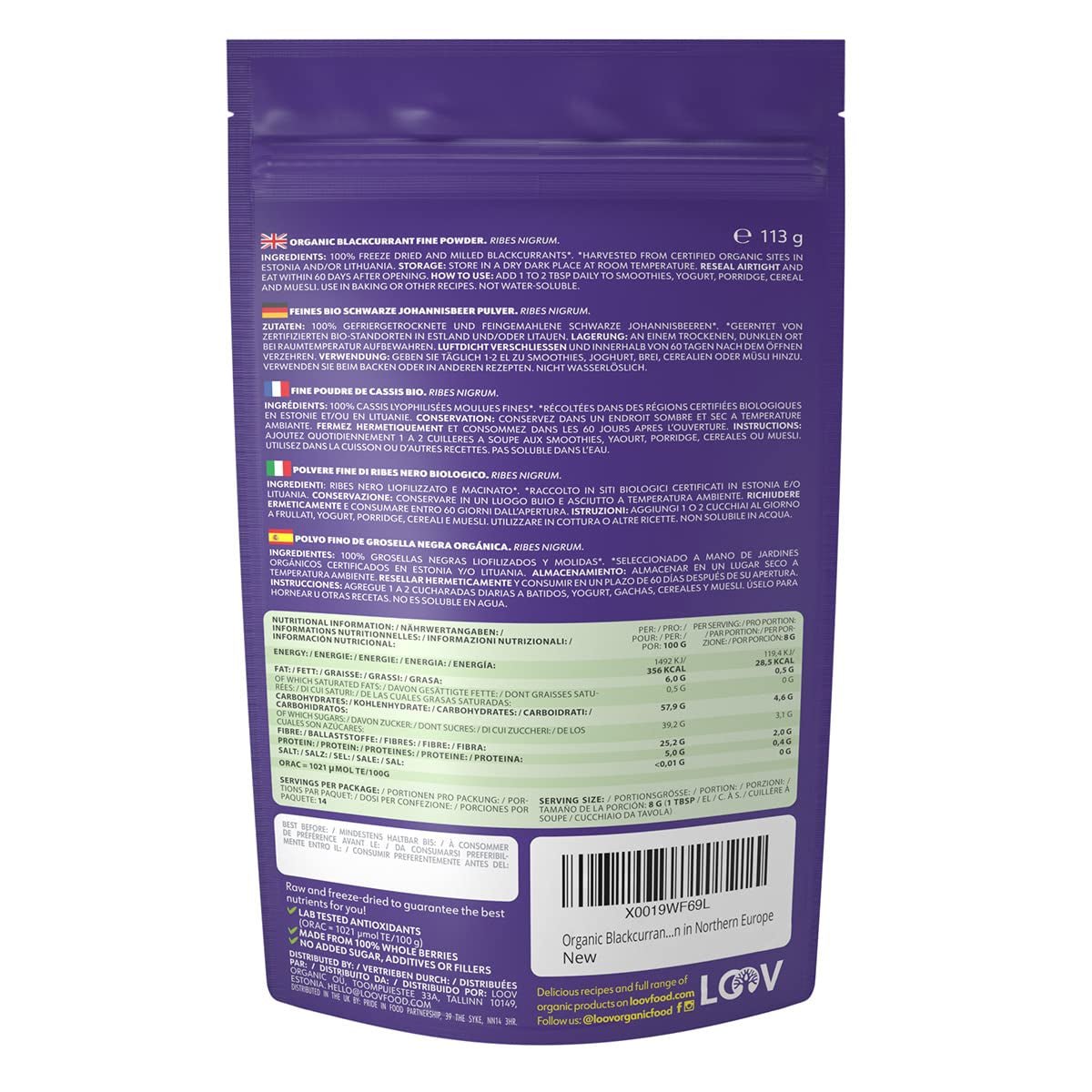 Polvere di ribes nero biologico LOOV, composta al 100% da ribes nero intero, bacche biologiche liofilizzate e in polvere, coltivate nel Nord Europa, senza zuccheri aggiunti, 113g Naty Shop Prodotti disidratati
