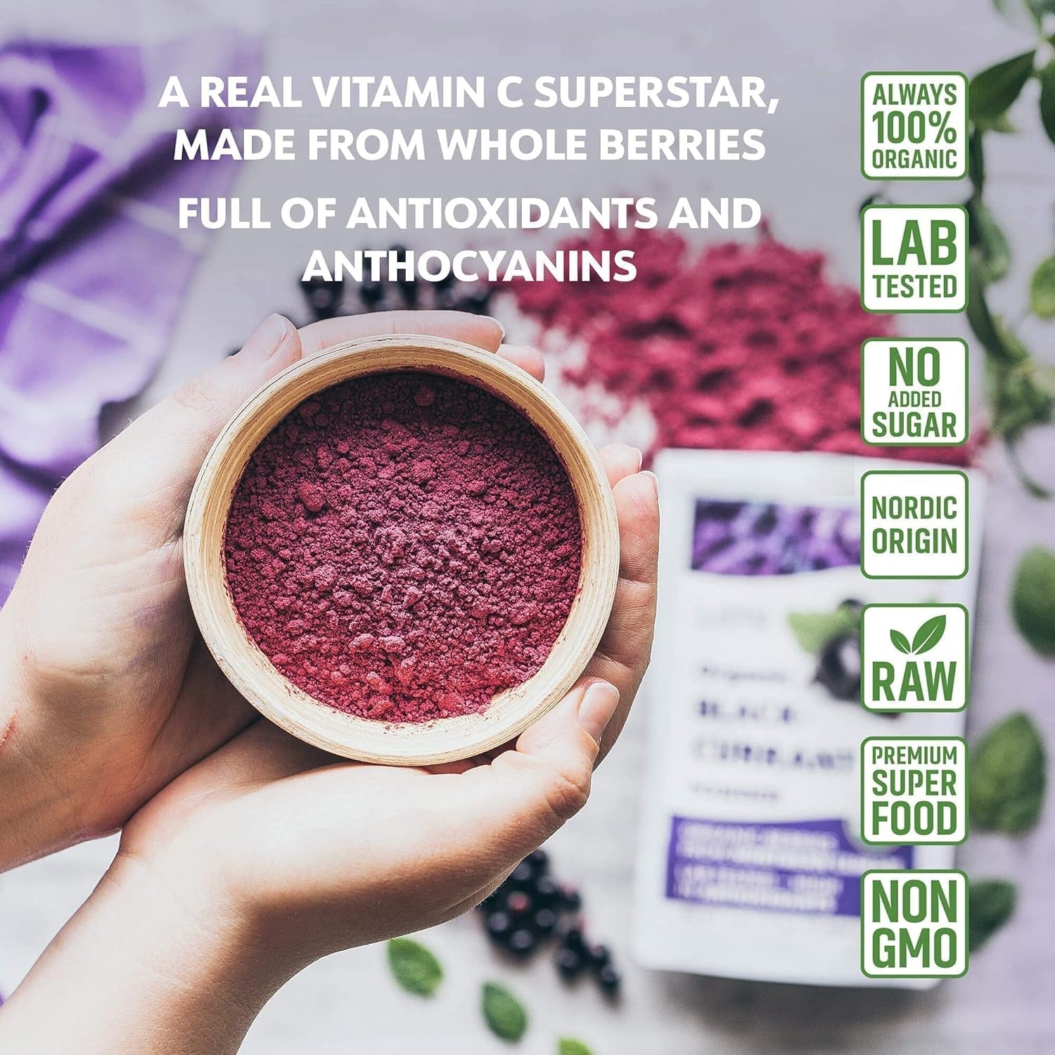 Polvere di ribes nero biologico LOOV, composta al 100% da ribes nero intero, bacche biologiche liofilizzate e in polvere, coltivate nel Nord Europa, senza zuccheri aggiunti, 113g Naty Shop Prodotti disidratati