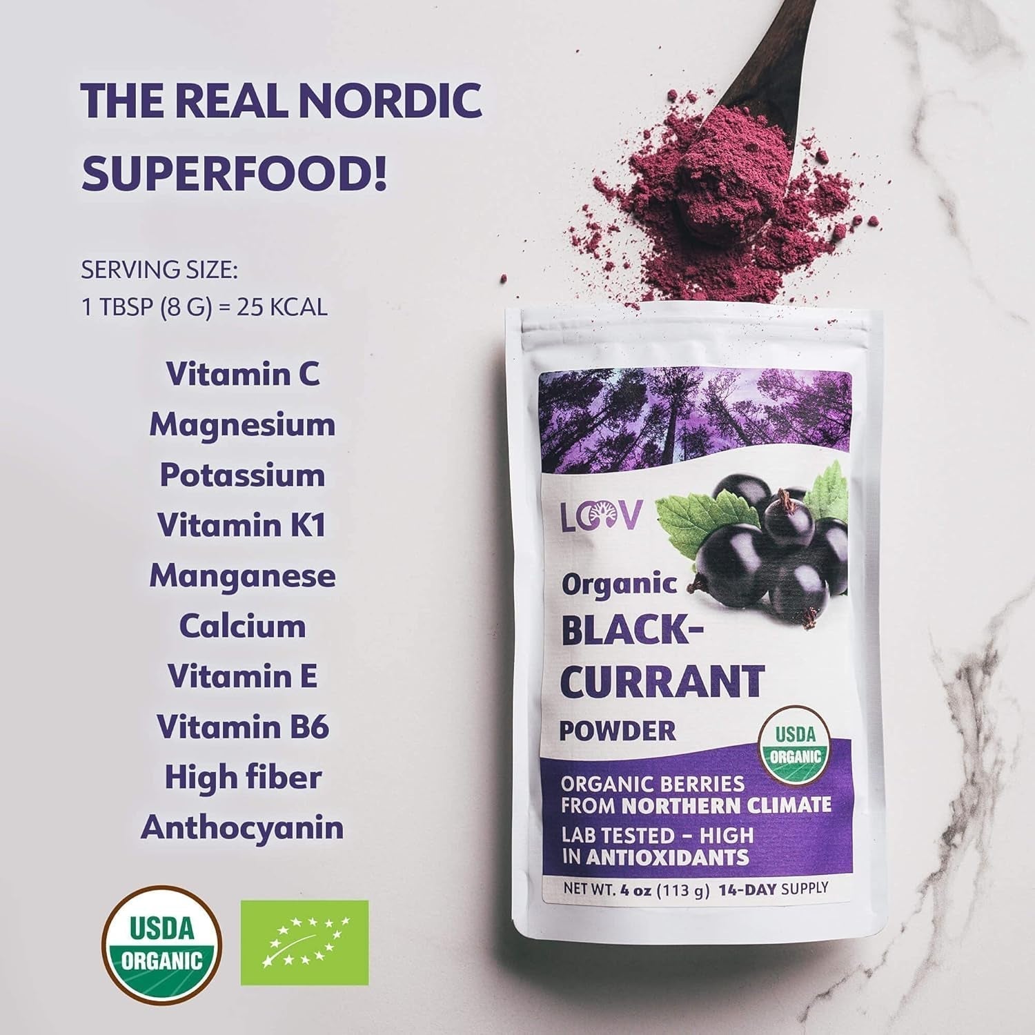 Polvere di ribes nero biologico LOOV, composta al 100% da ribes nero intero, bacche biologiche liofilizzate e in polvere, coltivate nel Nord Europa, senza zuccheri aggiunti, 113g Naty Shop Prodotti disidratati