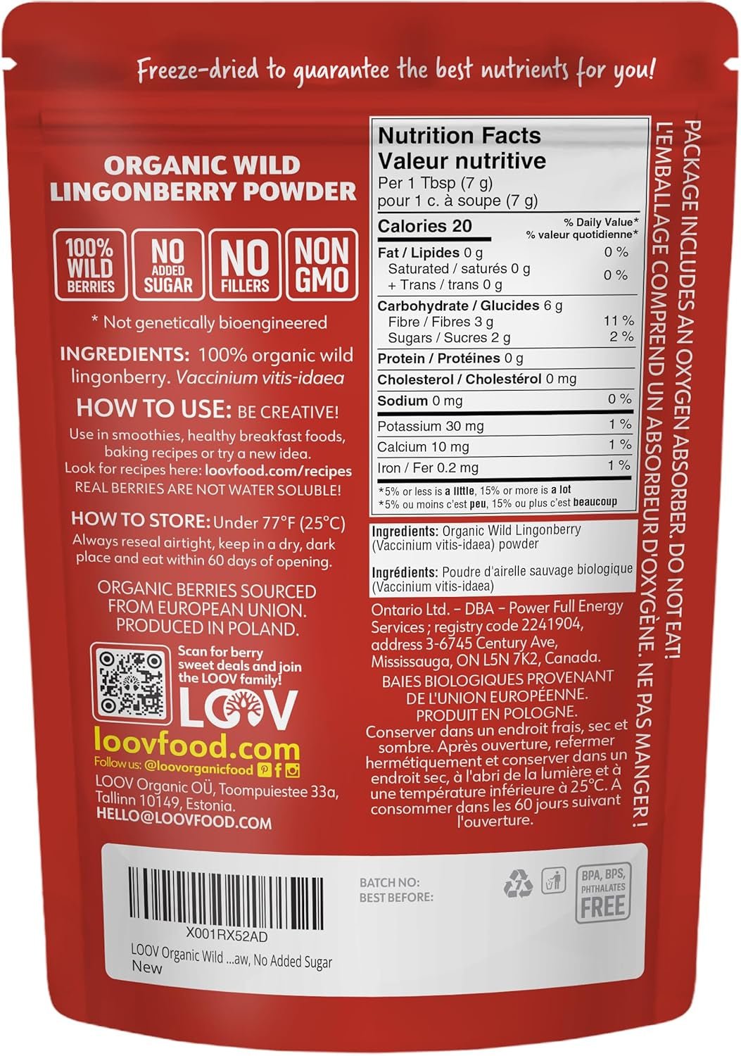 Polvere di mirtilli biologici LOOV, composta al 100% da mirtilli selvatici interi liofilizzati raccolti nelle foreste del nord Europa, 113g, senza zuccheri aggiunti Naty Shop Prodotti disidratati