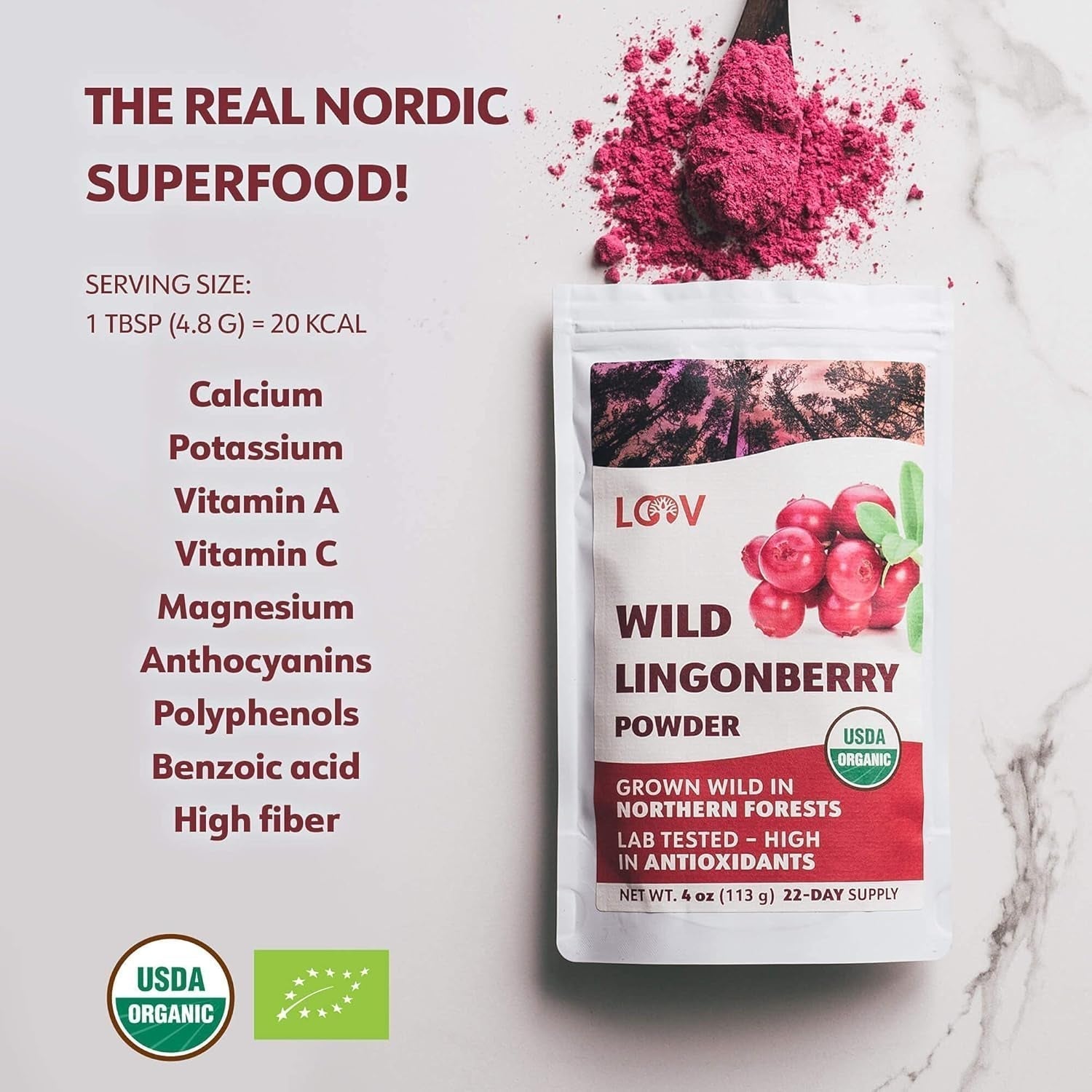 Polvere di mirtilli biologici LOOV, composta al 100% da mirtilli selvatici interi liofilizzati raccolti nelle foreste del nord Europa, 113g, senza zuccheri aggiunti Naty Shop Prodotti disidratati