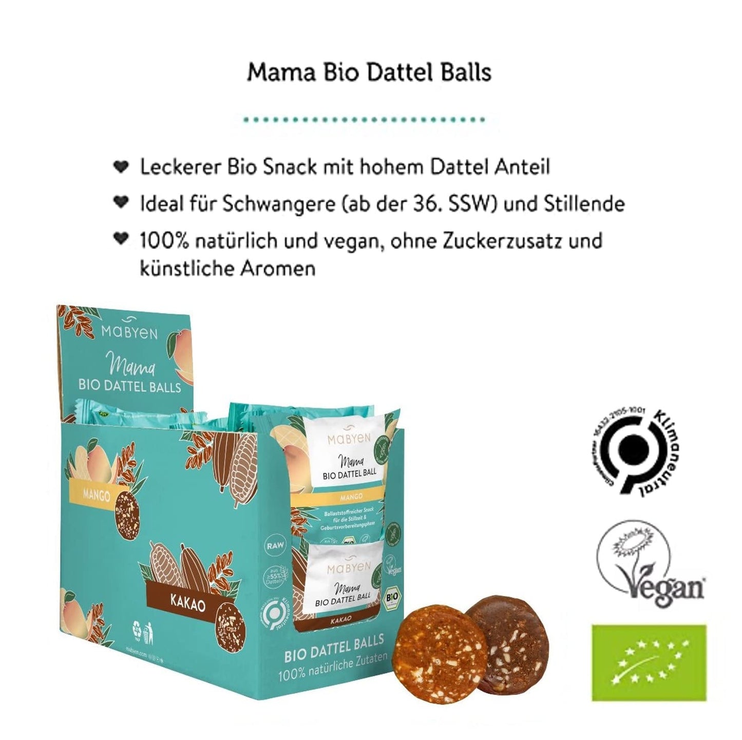 MABYEN Energy Balls Datteri Bio 20 pz. | Date Balls - Snack Salutari Senza Zucchero per Gravidanza e Allattamento - Barrette Proteiche con Frutta Secca - 13 x Cacao e 7 x Gusto Mango Prodotti disidratati Naty Shop