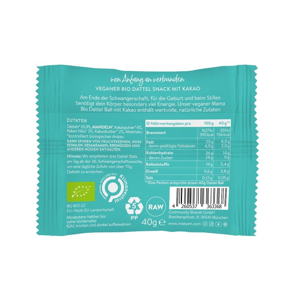 MABYEN Energy Balls Datteri Bio 20 pz. | Date Balls - Snack Salutari Senza Zucchero per Gravidanza e Allattamento - Barrette Proteiche con Frutta Secca - 13 x Cacao e 7 x Gusto Mango Prodotti disidratati Naty Shop