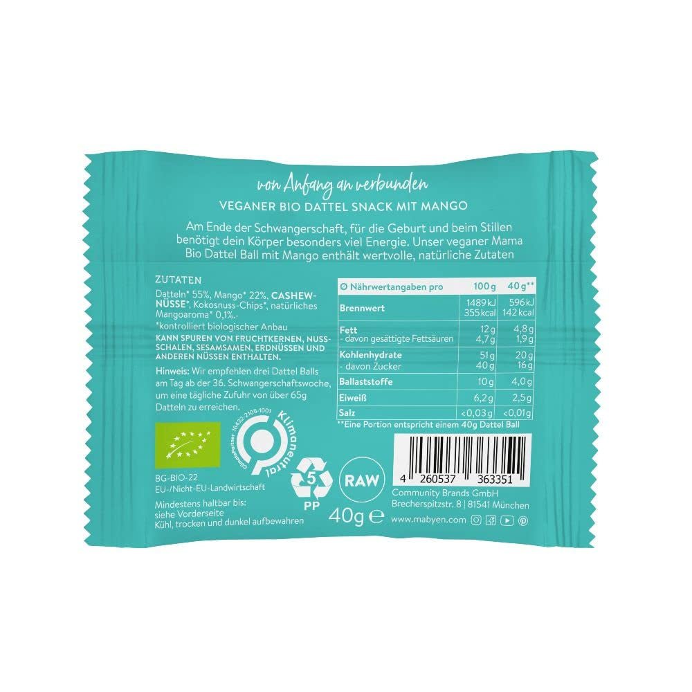 MABYEN Energy Balls Datteri Bio 20 pz. | Date Balls - Snack Salutari Senza Zucchero per Gravidanza e Allattamento - Barrette Proteiche con Frutta Secca - 13 x Cacao e 7 x Gusto Mango Prodotti disidratati Naty Shop