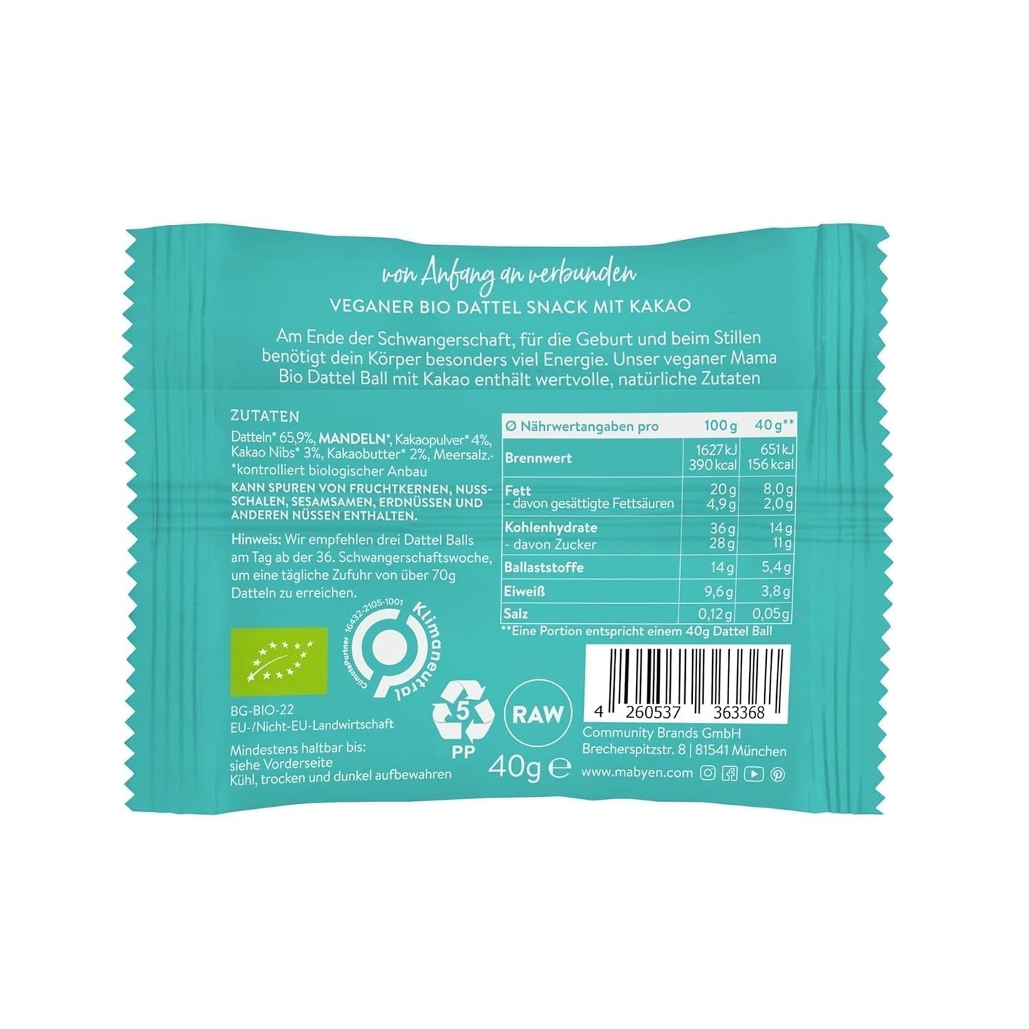 MABYEN Energy Balls Datteri Bio 20 pz. | Date Balls - Snack salutari senza zucchero per gravidanza e allattamento - Barretta proteica con frutta secca - Gusto cacao Prodotti disidratati Naty Shop