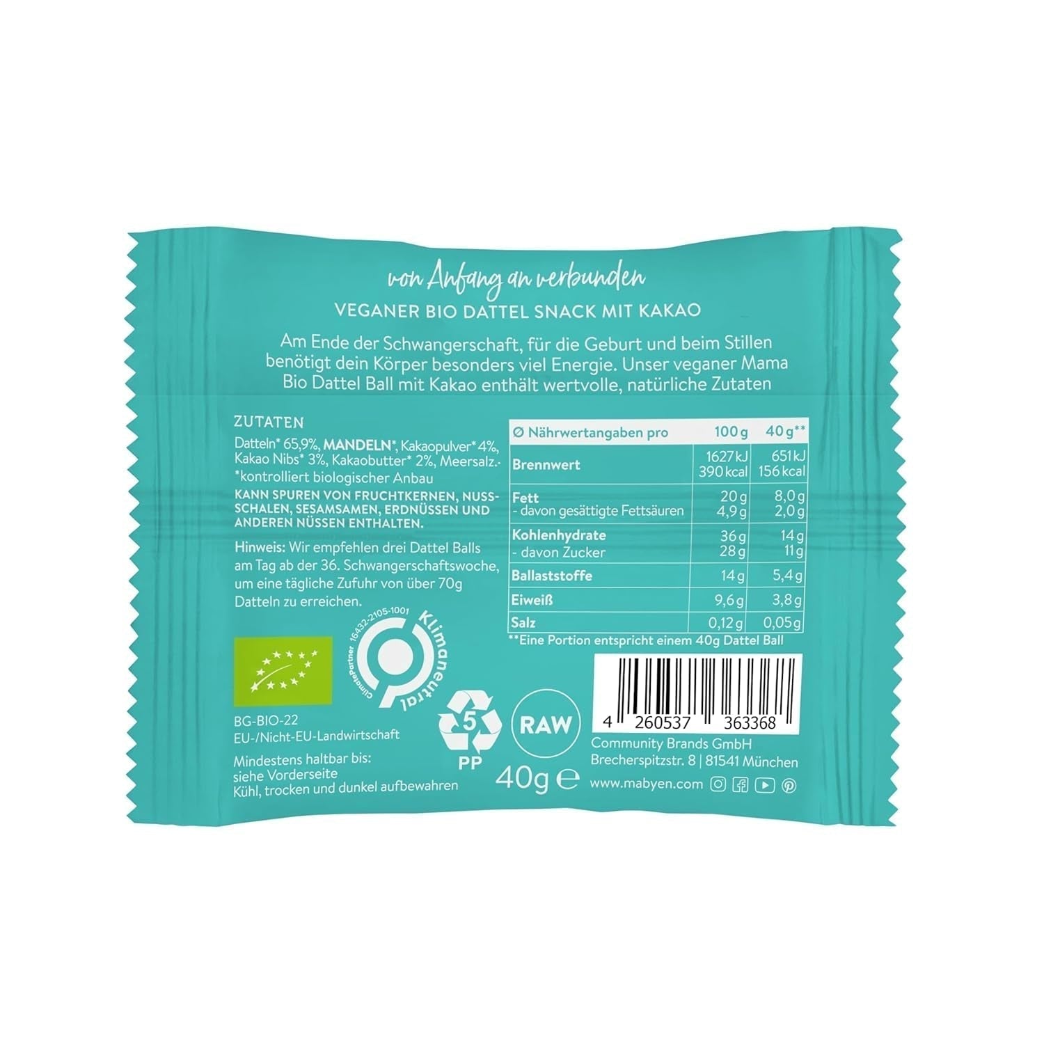 MABYEN Energy Balls Datteri Bio 20 pz. | Date Balls - Snack salutari senza zucchero per gravidanza e allattamento - Barretta proteica con frutta secca - Gusto cacao Prodotti disidratati Naty Shop
