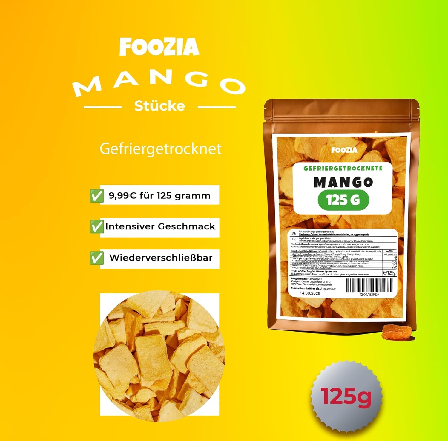 Mango liofilizzato pezzi grossi Frutta liofilizzata Senza additivi Mango puro naturale al 100% Mango liofilizzato Frutta secca Mango secco 125g di Foozia (125g) Prodotti disidratati Naty Shop