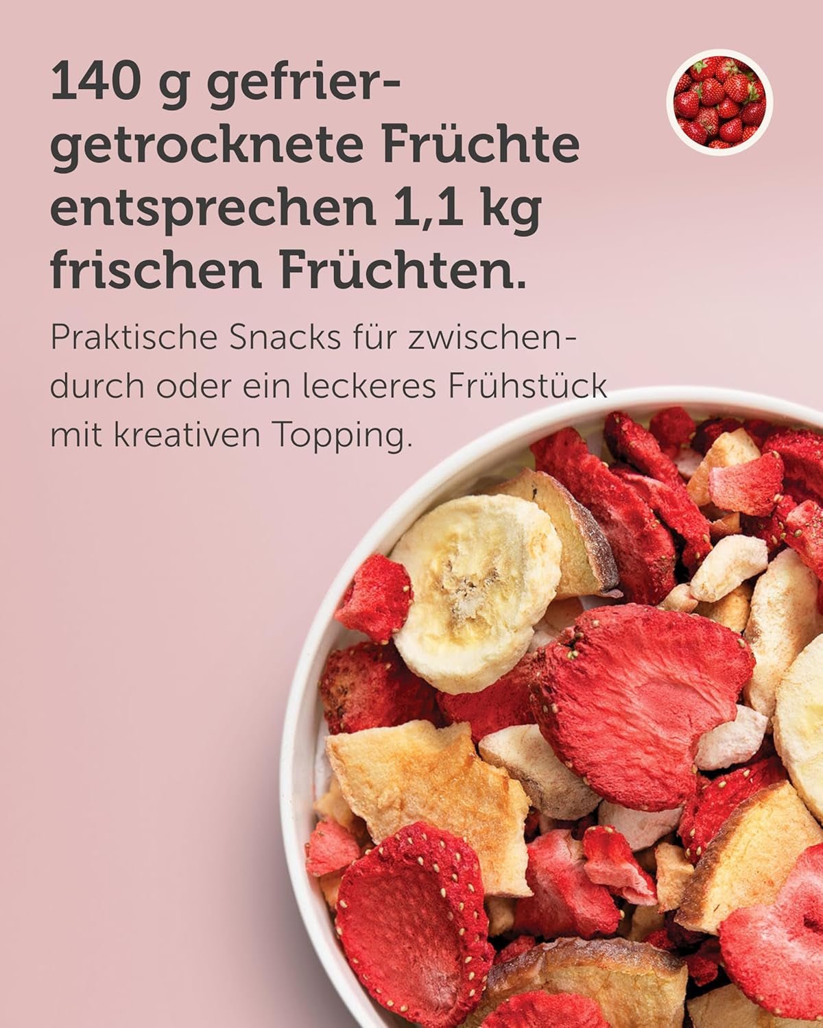 Mix di frutta liofilizzata BUAH® | Fragole, banane, mele e ribes liofilizzati senza zuccheri aggiunti | 100% frutta | Prodotti disidratati Naty Shop vegani, senza glutine, senza lattosio (140g).
