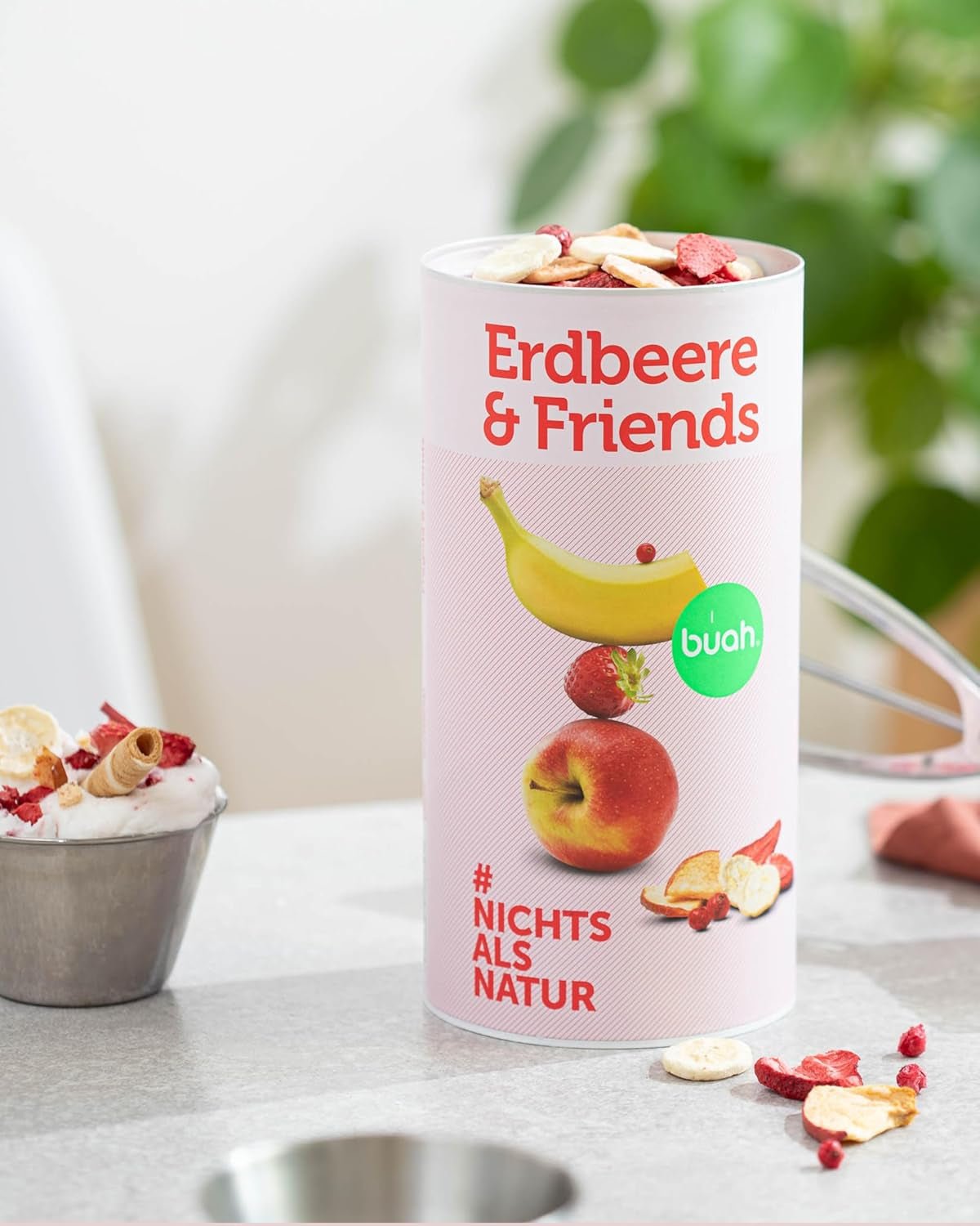 Mix di frutta liofilizzata BUAH® | Fragole, banane, mele e ribes liofilizzati senza zuccheri aggiunti | 100% frutta | Prodotti disidratati Naty Shop vegani, senza glutine, senza lattosio (140g).