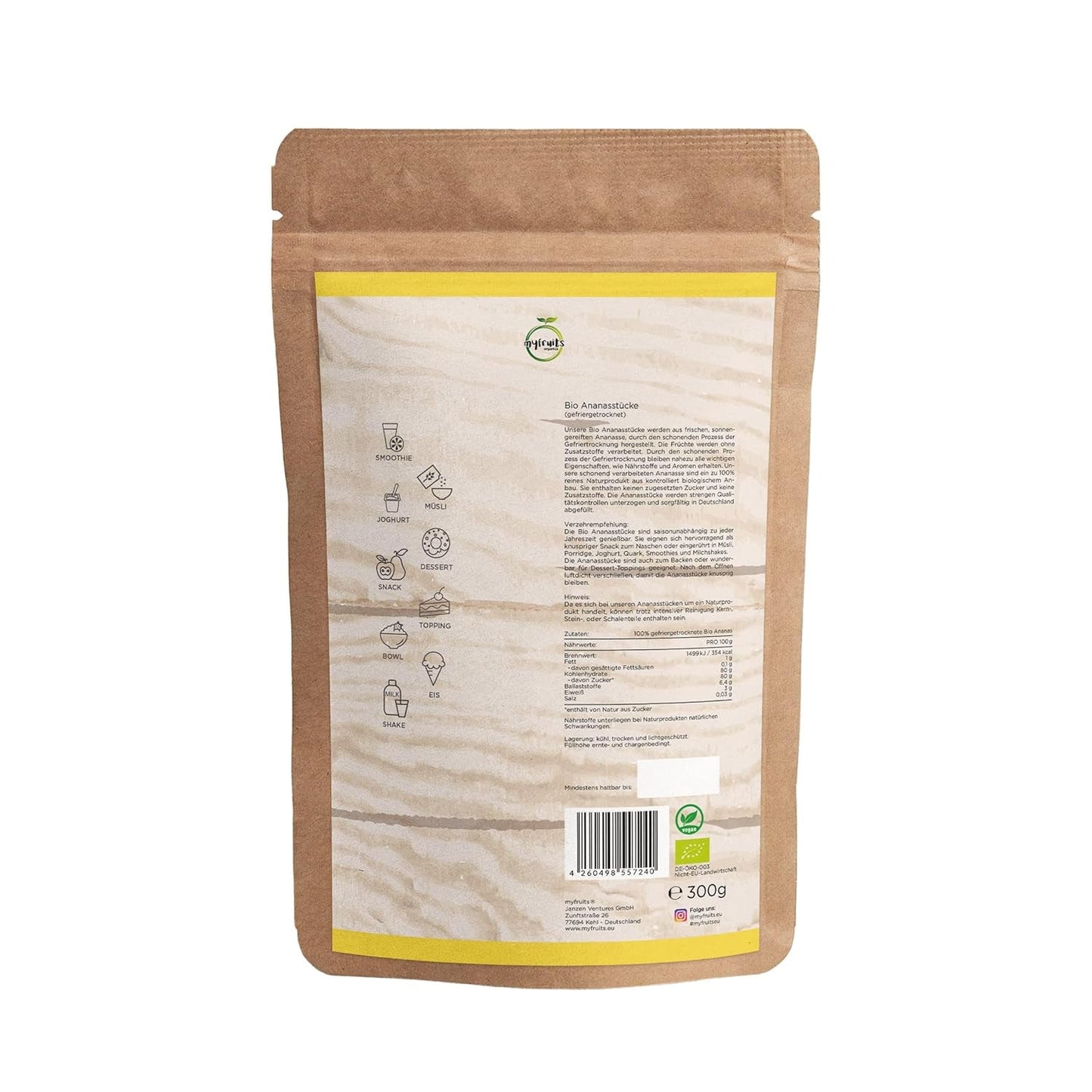 myfruits ananas liofilizzato biologico, 300g, frutta secca senza additivi, 100% ananas in pezzi grandi, frutta liofilizzata per muesli o come snack Prodotti disidratati Naty Shop