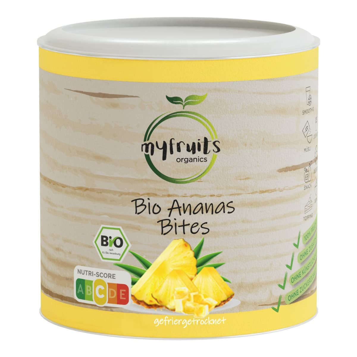 ananas liofilizzato biologico myfruits, 300g, frutta secca senza additivi, 100% ananas in pezzi grandi, frutta liofilizzata per muesli o come spuntino Prodotti disidratati Naty Shop 85 Grammi