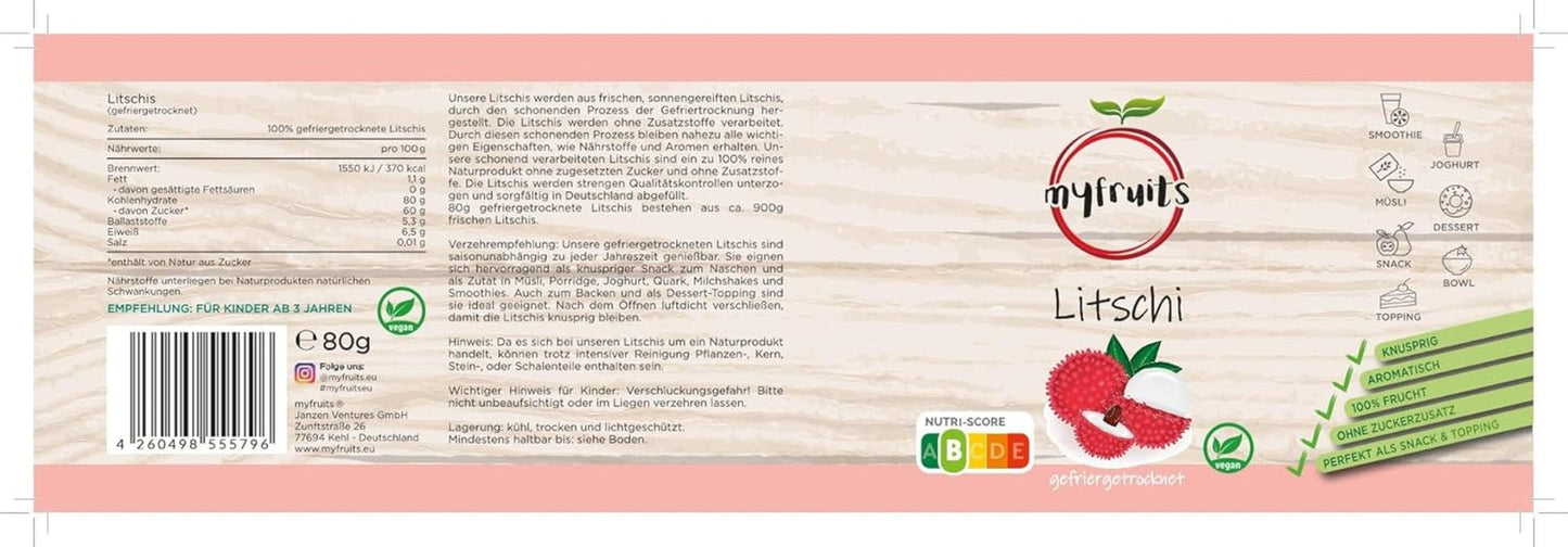 litchi myfruits, liofilizzato, 80g, senza additivi, 100% frutta, frutta liofilizzata e frutta secca Prodotti disidratati Naty Shop