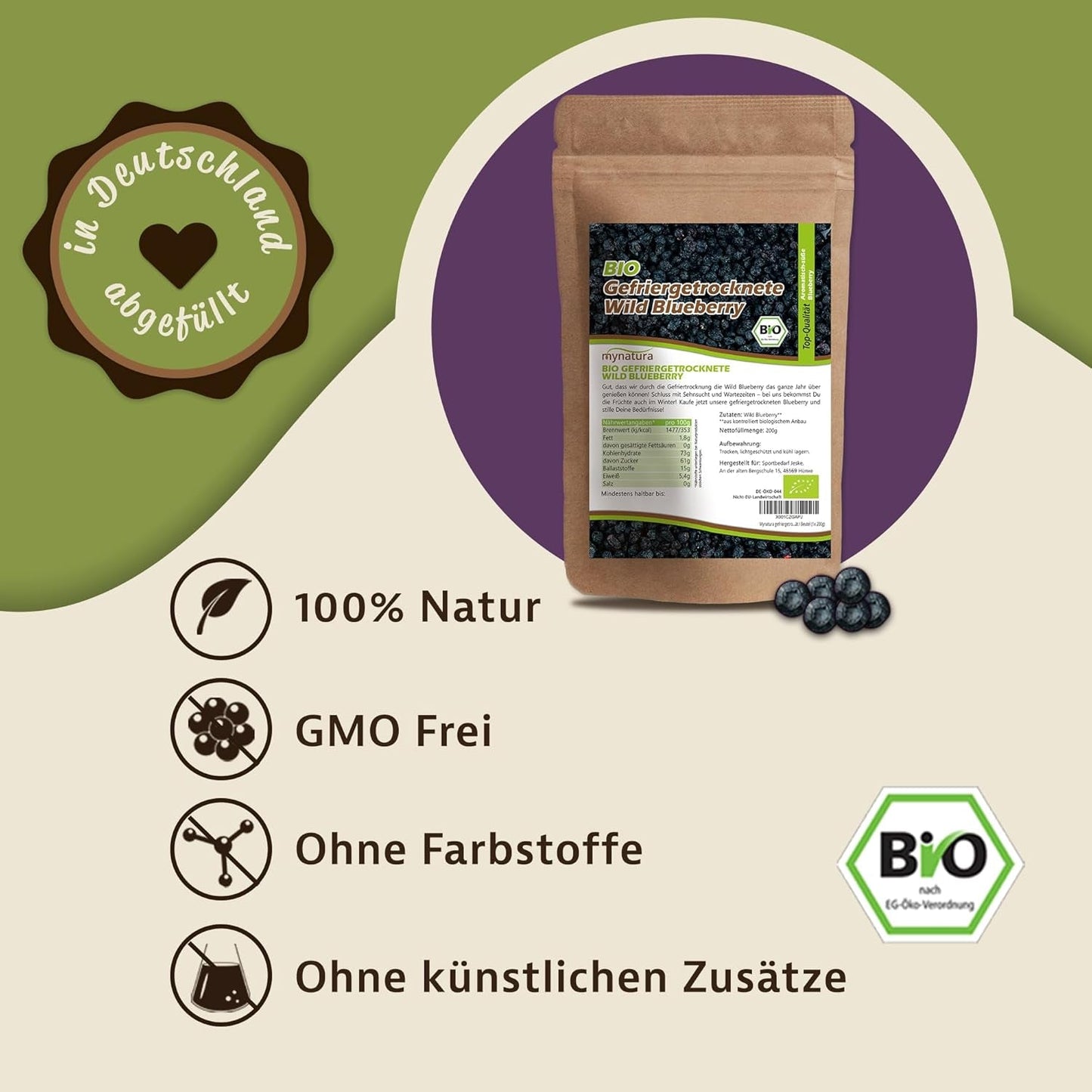 Mirtilli selvatici liofilizzati bio Mynatura I Mirtilli I Frutta I Bacche I Prodotto naturale I Qualità biologica I Busta (1x 200g) Prodotti disidratati Naty Shop