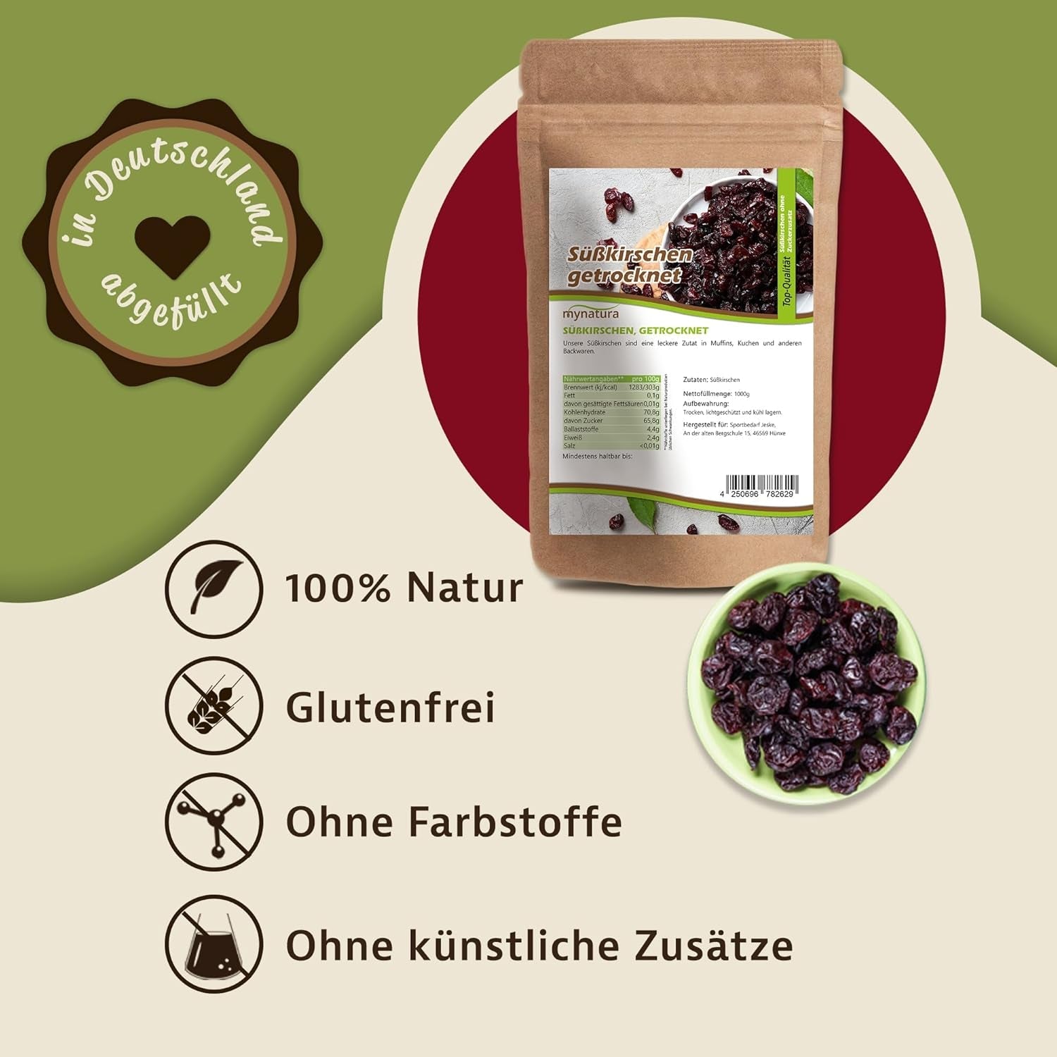 Ciliegie dolci, essiccate e senza semi Mynatura I Senza zucchero I Frutta secca I Senza additivi I Cottura al forno I Ciliegie I Snack I Muesli I Vegan I Busta (1x 1000g) Prodotti disidratati Naty Shop