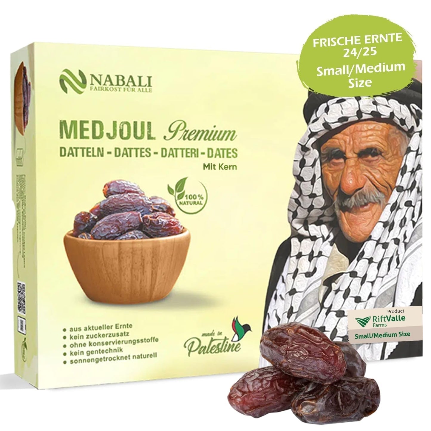 NABALI FAIRKOST FOR ALL Datteri Medjool Medjoul dalla Palestina - 100% naturale vegano aromatico tradizionale fresco e orientale I senza conservanti 5 kg (1 confezione), Piccolo/Medio Prodotti disidratati Naty Shop 5 kg (1 confezione), Piccolo/Medio