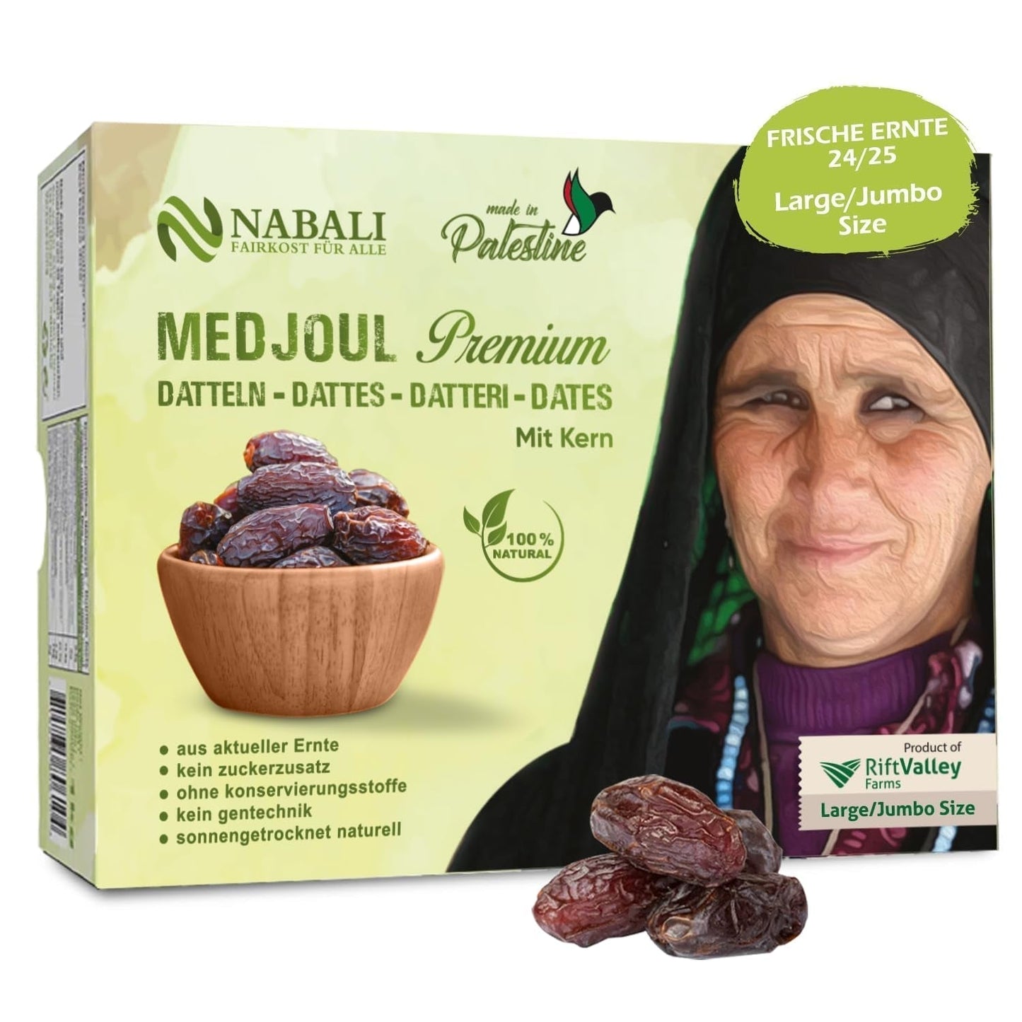 NABALI FAIRKOST FOR ALL Datteri Medjool Medjoul dalla Palestina - 100% naturale vegano aromatico tradizionale fresco e orientale I senza conservanti 5 kg (1 confezione), Piccolo/Medio Prodotti disidratati Naty Shop 1 kg (1 confezione), Grande/Jumbo