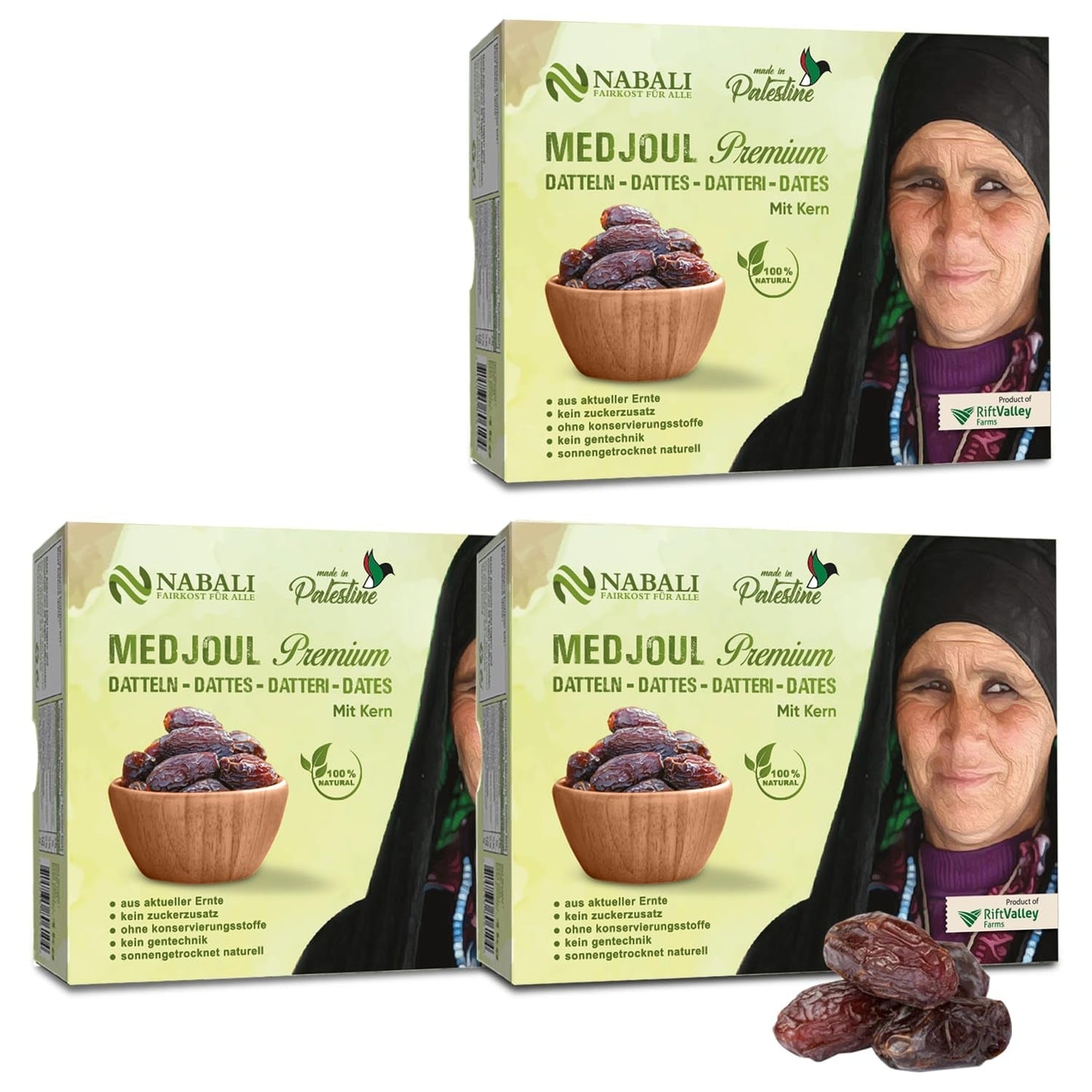 NABALI FAIRKOST FOR ALL Datteri Medjool Medjoul dalla Palestina - 100% naturale vegano aromatico tradizionale fresco e orientale I senza conservanti 5 kg (1 confezione), Small/Medium Naty Shop prodotti disidratati 1kg (3 confezioni) Large/Jumbo