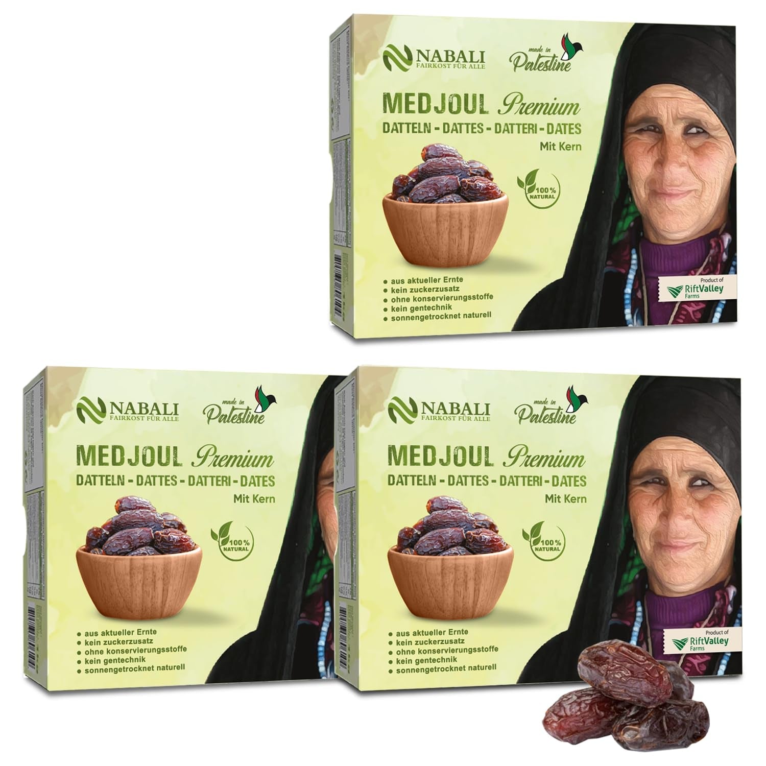 NABALI FAIRKOST FOR ALL Datteri Medjool Medjoul dalla Palestina - 100% naturale vegano aromatico tradizionale fresco e orientale I senza conservanti 5 kg (1 confezione), Small/Medium Naty Shop prodotti disidratati 1kg (3 confezioni) Large/Jumbo