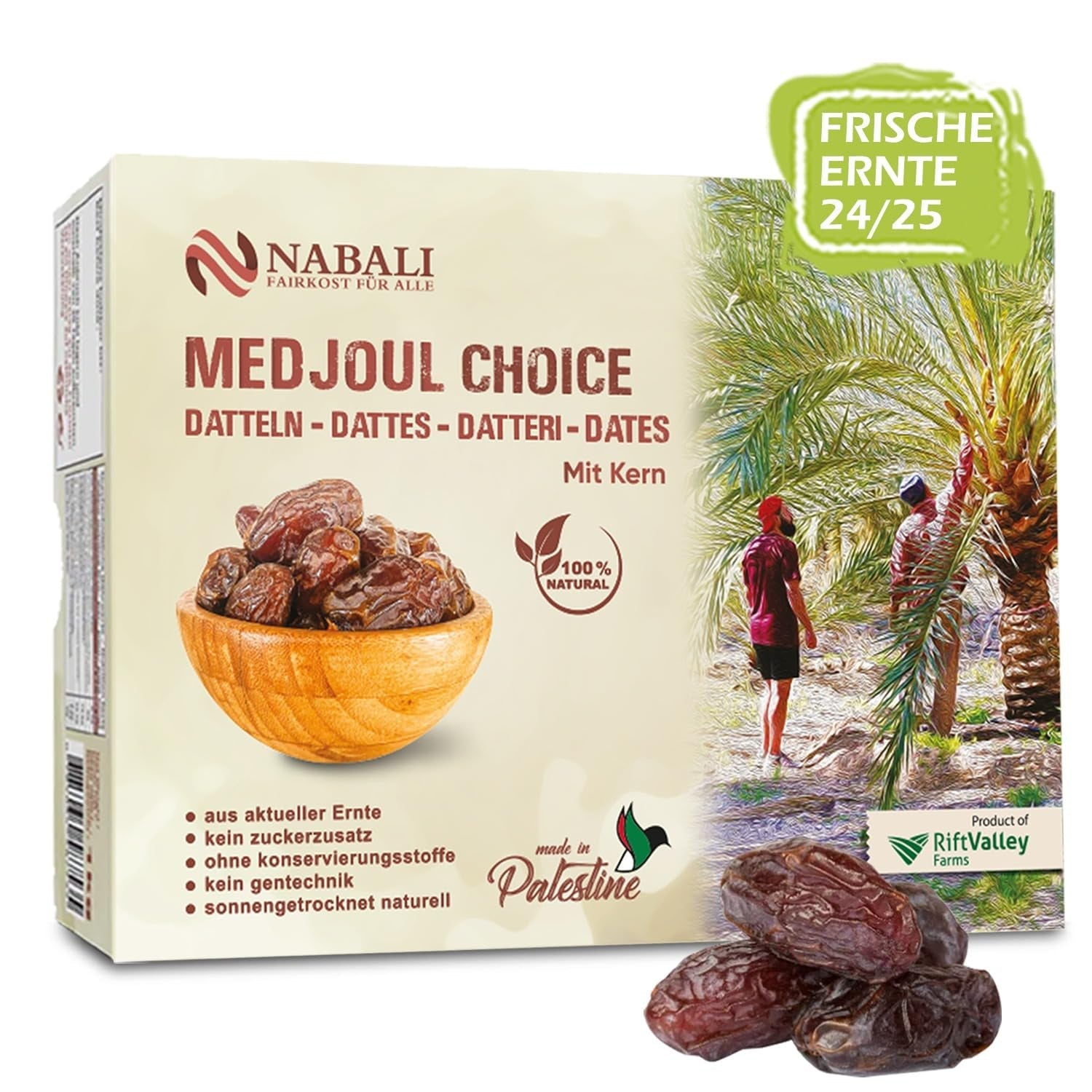 NABALI FAIRKOST FOR ALL Medjoul - Datteri Medjool Scelta I - 100% naturali aromatici freschi orientali morbidi I dolci come il miele e caramellati I Origine: Palestina I (1x1KG) Prodotti disidratati Naty Shop 1 kg (1 confezione)