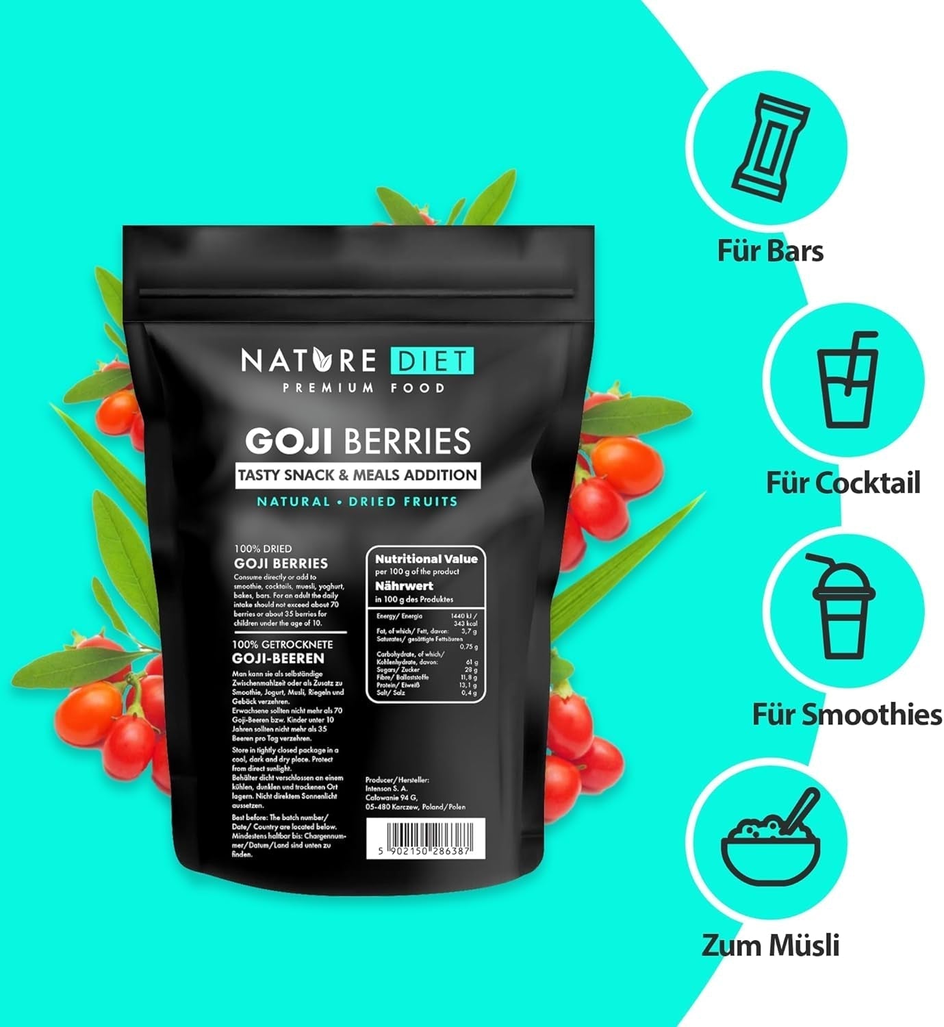 Nature Diet - Bacche di Goji 1000 g | Bacche secche | Snack salutare Naty Shop prodotti disidratati